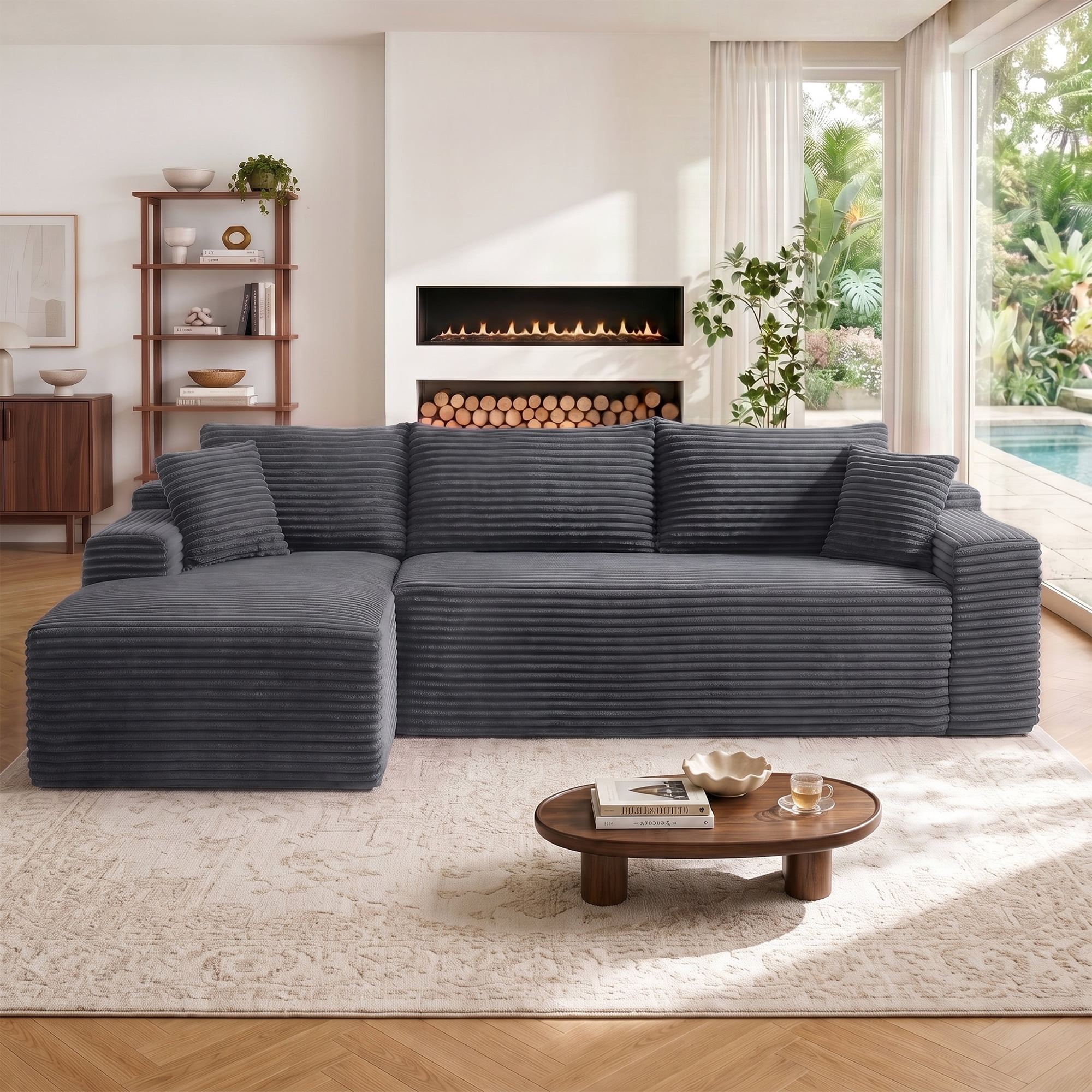 Aukfa 107" Boneless Modular Sectional Sofa, L-Shaped Corduroy Couch with Deep Seat and Left-Facing Chaise for Living Room, Gray