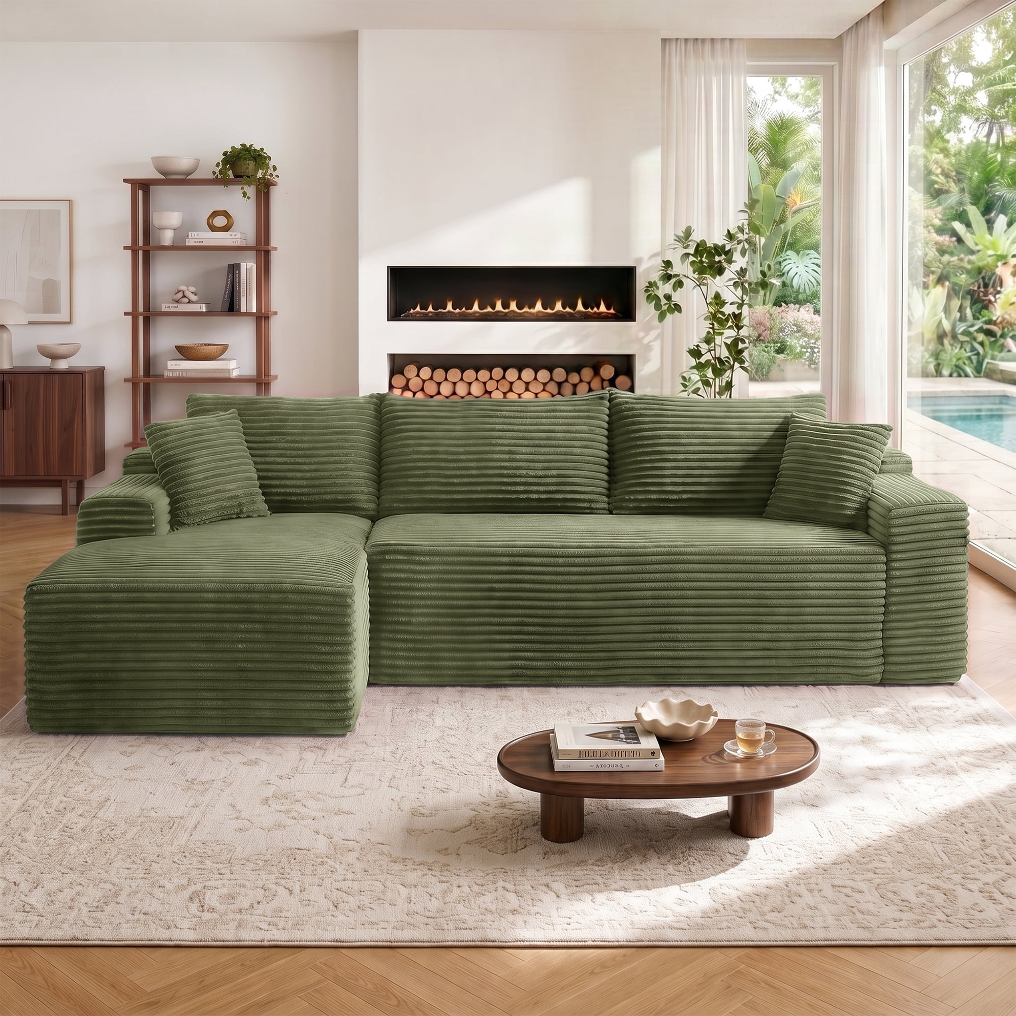 Aukfa 107" Boneless Modular Sectional Sofa, L-Shaped Corduroy Couch with Deep Seat and Left-Facing Chaise for Living Room, Green