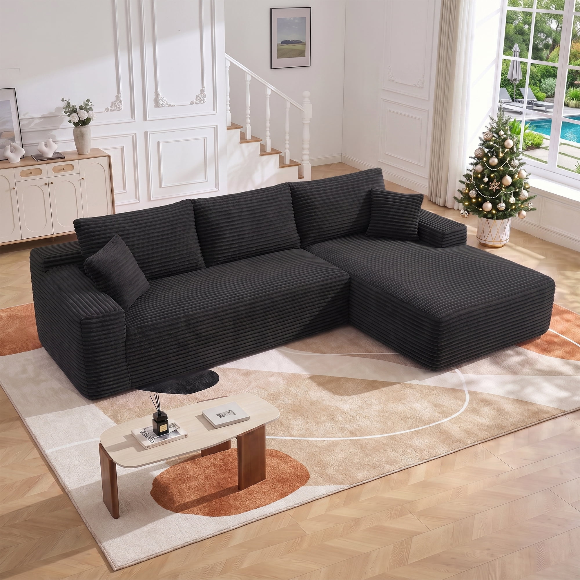 Aukfa 107" Boneless Modular Sectional Sofa, L-Shaped Corduroy Couch with Deep Seat and Right-Facing Chaise for Living Room, Black