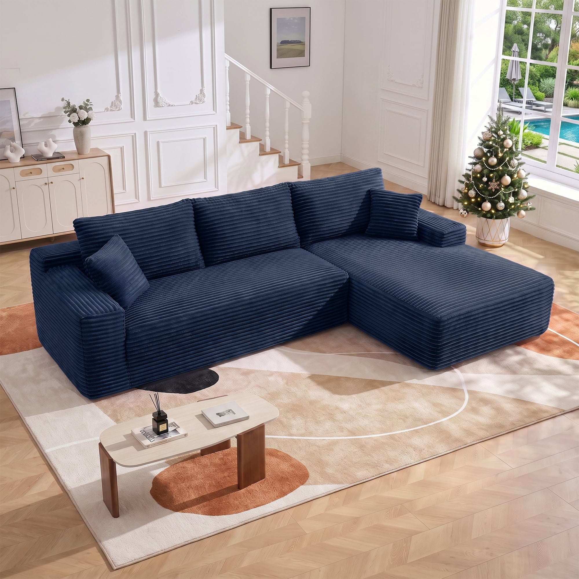 Aukfa 107" Boneless Modular Sectional Sofa, L-Shaped Corduroy Couch with Deep Seat and Right-Facing Chaise for Living Room, Blue