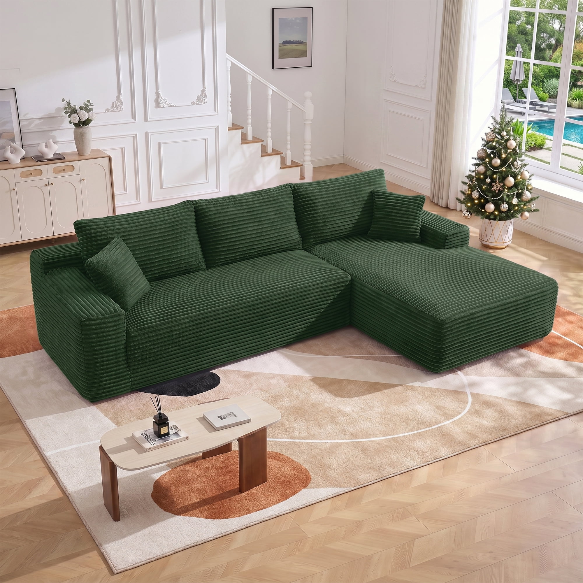 Aukfa 107" Boneless Modular Sectional Sofa, L-Shaped Corduroy Couch with Deep Seat and Right-Facing Chaise for Living Room, Emerald