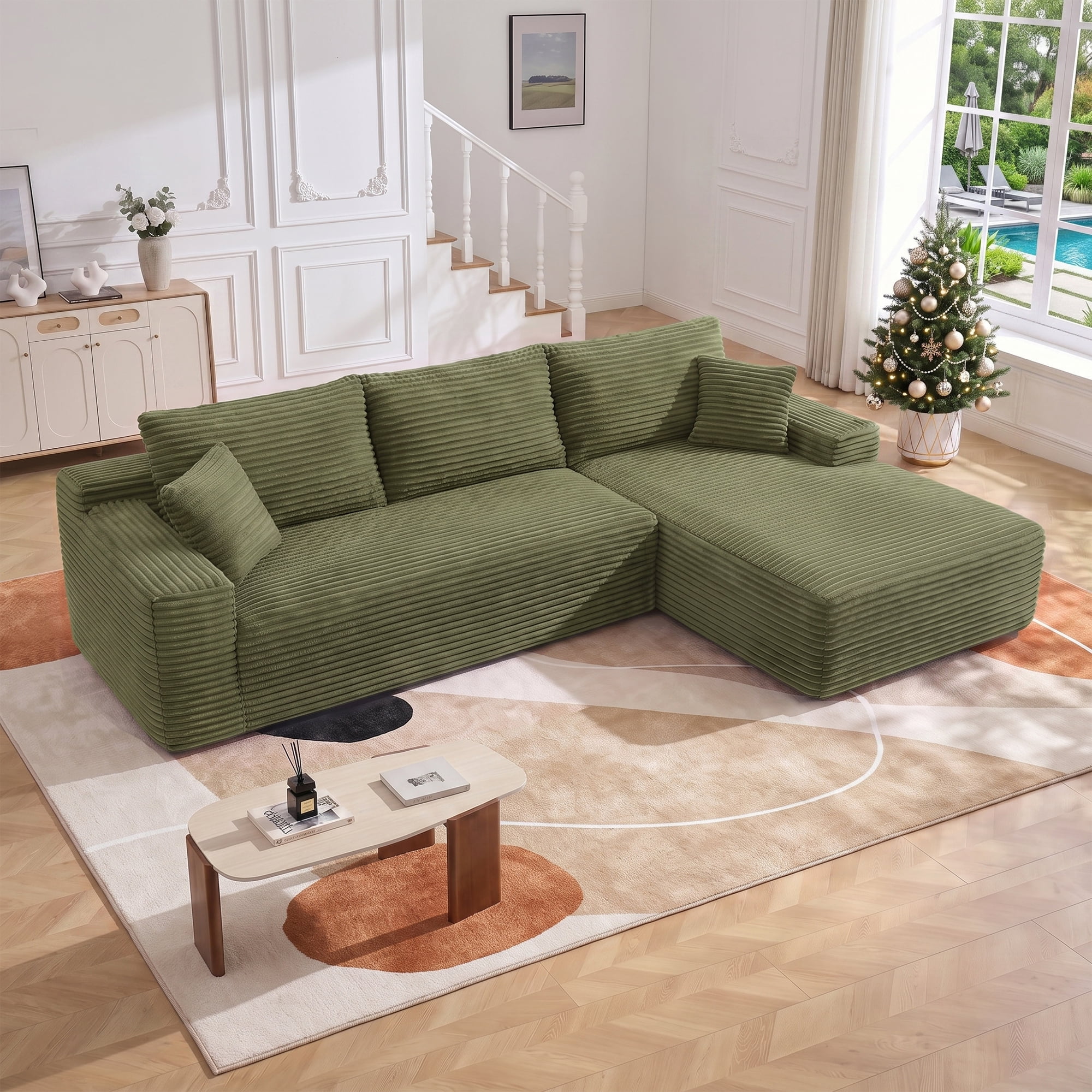 Aukfa 107" Boneless Modular Sectional Sofa, L-Shaped Corduroy Couch with Deep Seat and Right-Facing Chaise for Living Room, Green