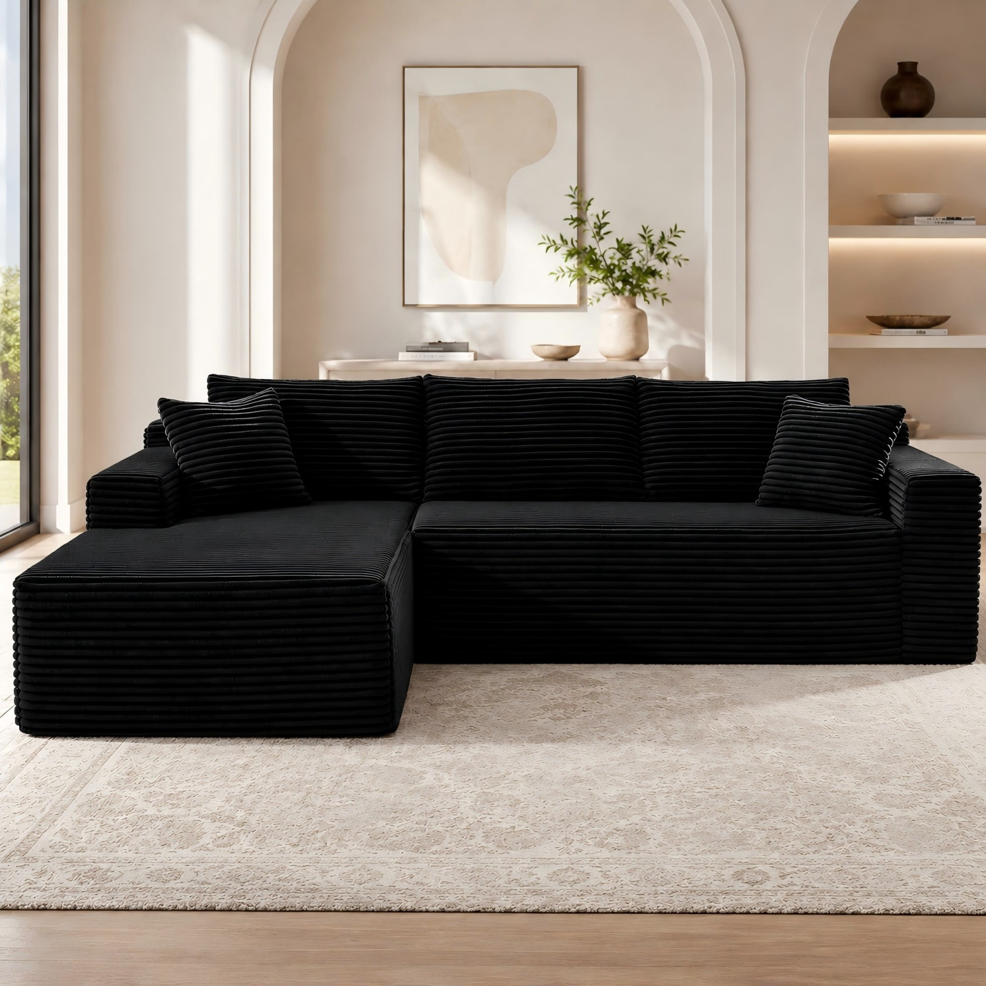 Aukfa 107" Cloud Modular Sectional Couch with Left-Facing Chaise, Corduroy Deep Seat Boneless Sofa for Living Room, Apartment, Black