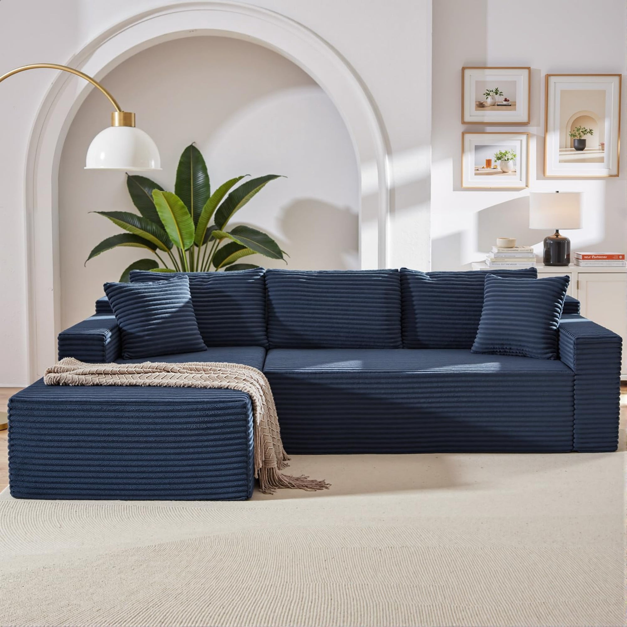 Aukfa 107" Cloud Modular Sectional Couch with Left-Facing Chaise, Corduroy Deep Seat Boneless Sofa for Living Room, Apartment, Blue