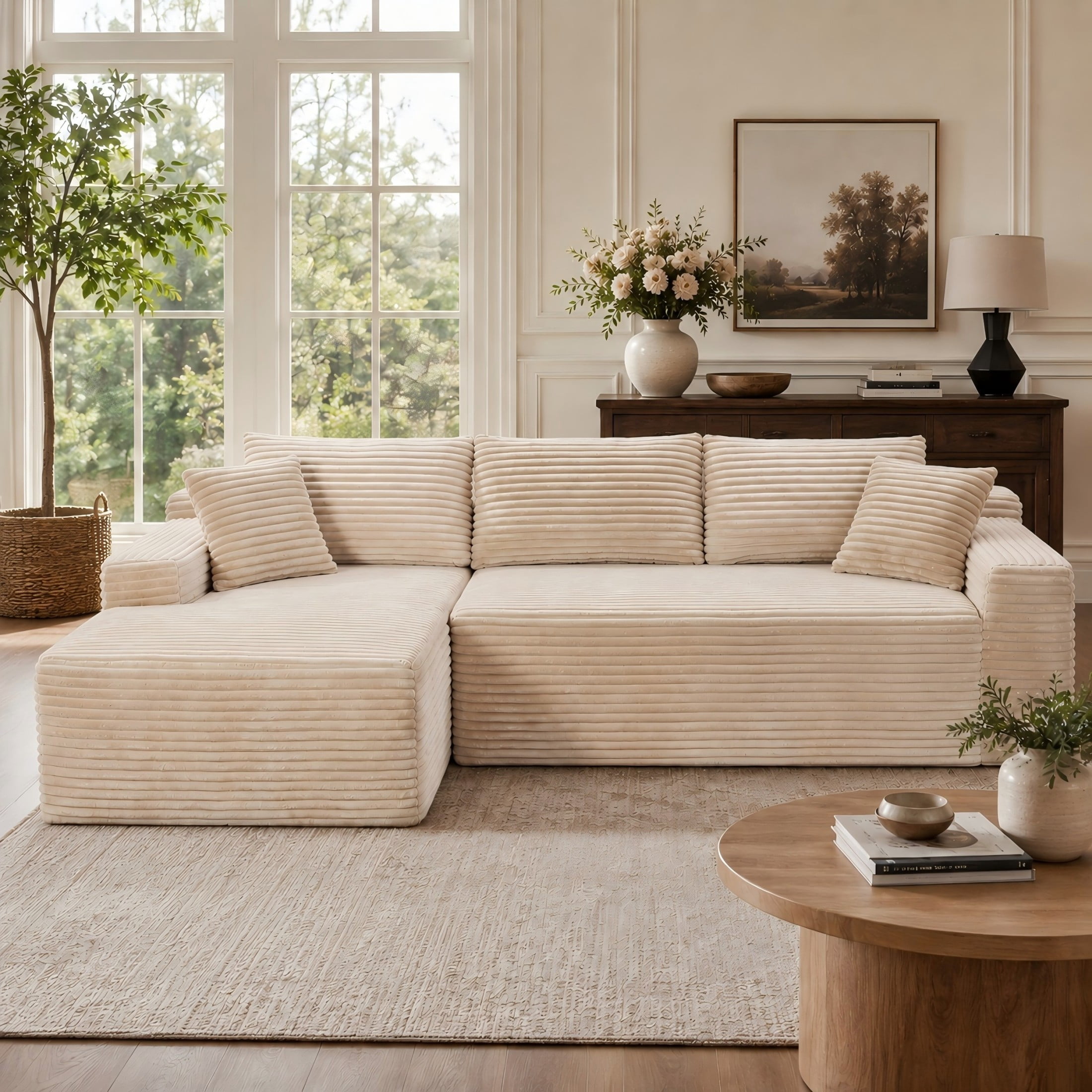 Aukfa 107" Cloud Modular Sectional Couch with Left-Facing Chaise, Corduroy Deep Seat Boneless Sofa for Living Room, Apartment, Camel