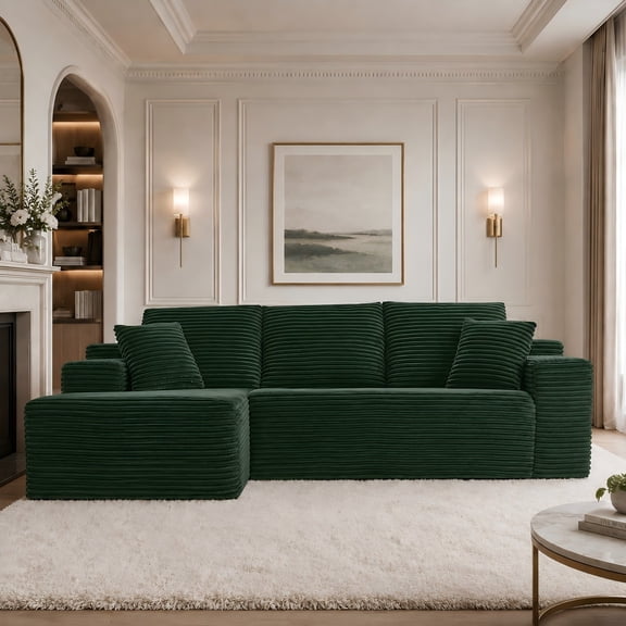 Aukfa 107" Cloud Modular Sectional Couch with Left-Facing Chaise, Corduroy Deep Seat Boneless Sofa for Living Room, Apartment, Emerald