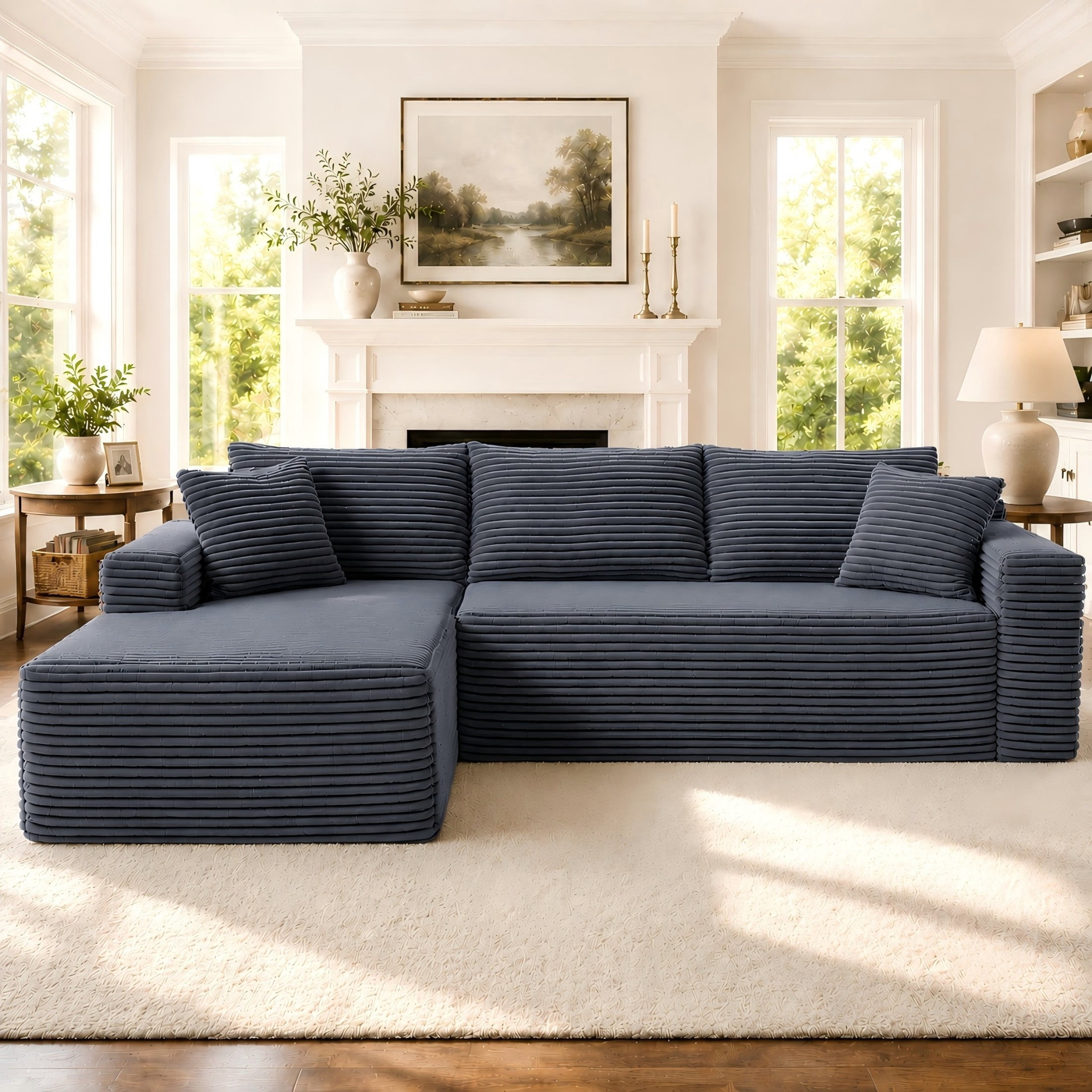 Aukfa 107" Cloud Modular Sectional Couch with Left-Facing Chaise, Corduroy Deep Seat Boneless Sofa for Living Room, Apartment, Gray