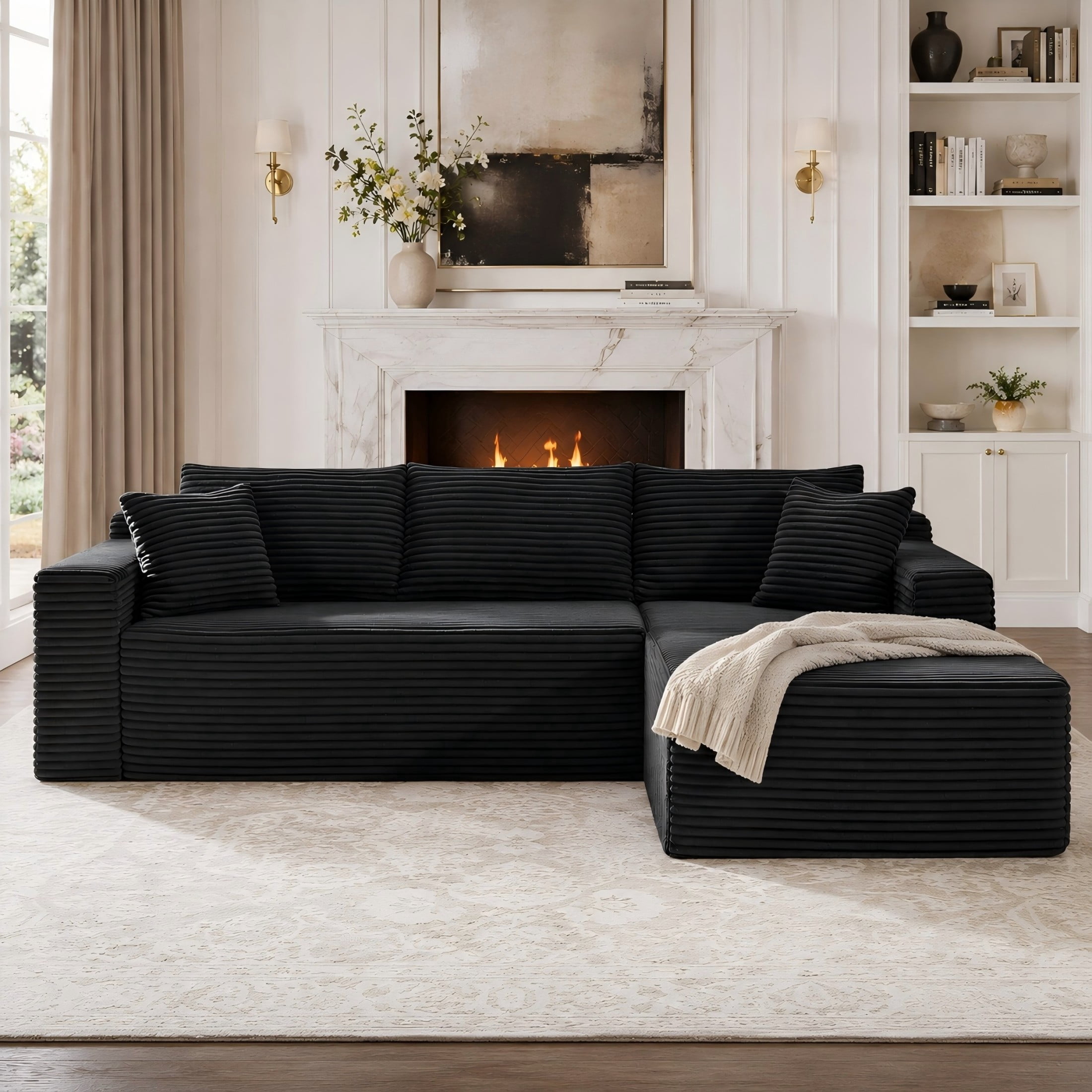 Aukfa 107" Cloud Modular Sectional Couch with Right-Facing Chaise, Corduroy Deep Seat Boneless Sofa for Living Room, Apartment, Black