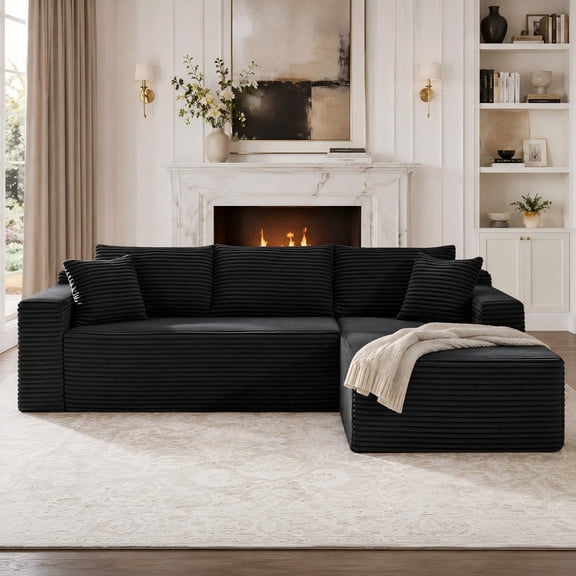 Aukfa 107" Cloud Modular Sectional Couch with Right-Facing Chaise, Corduroy Deep Seat Boneless Sofa for Living Room, Apartment, Black