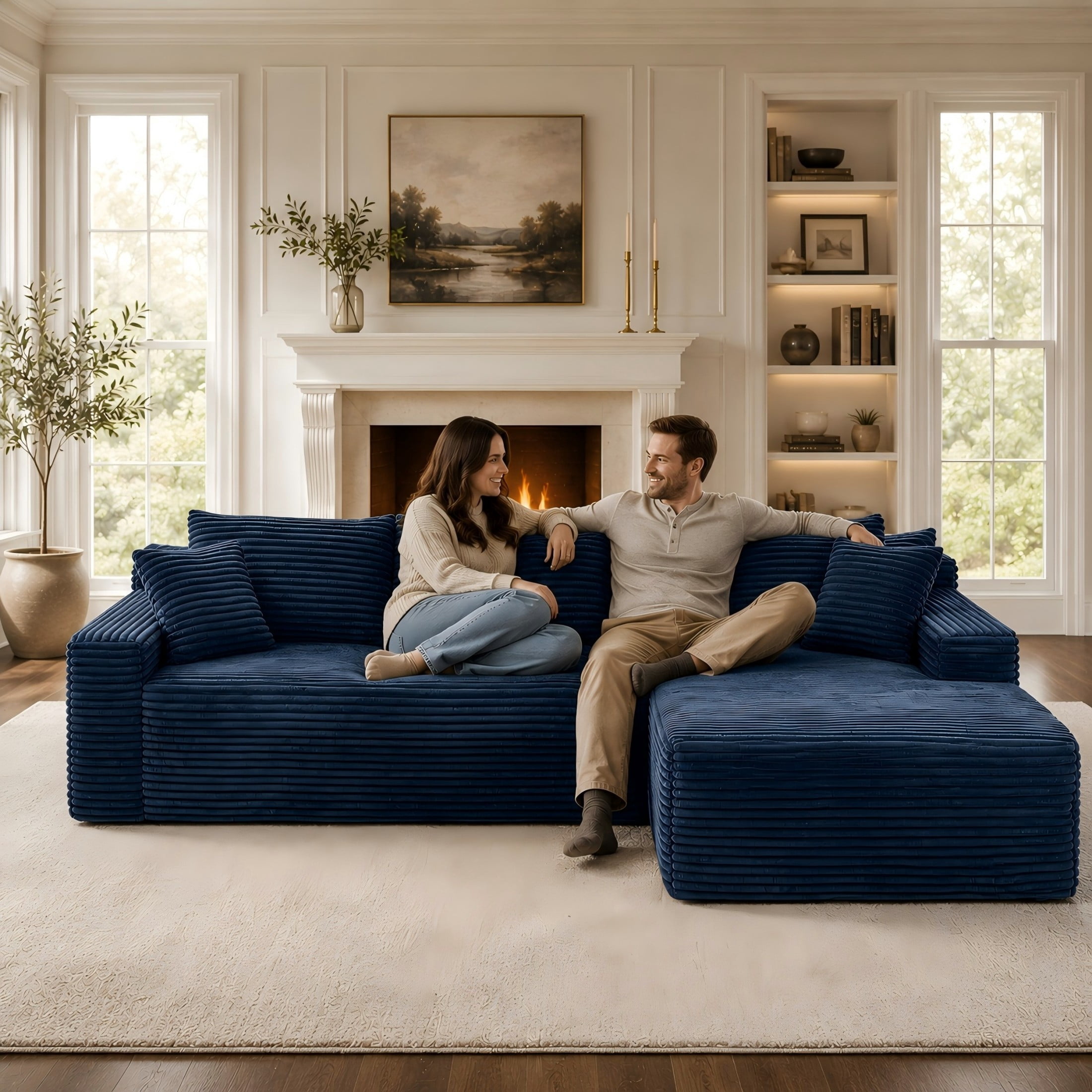 Aukfa 107" Cloud Modular Sectional Couch with Right-Facing Chaise, Corduroy Deep Seat Boneless Sofa for Living Room, Apartment, Blue