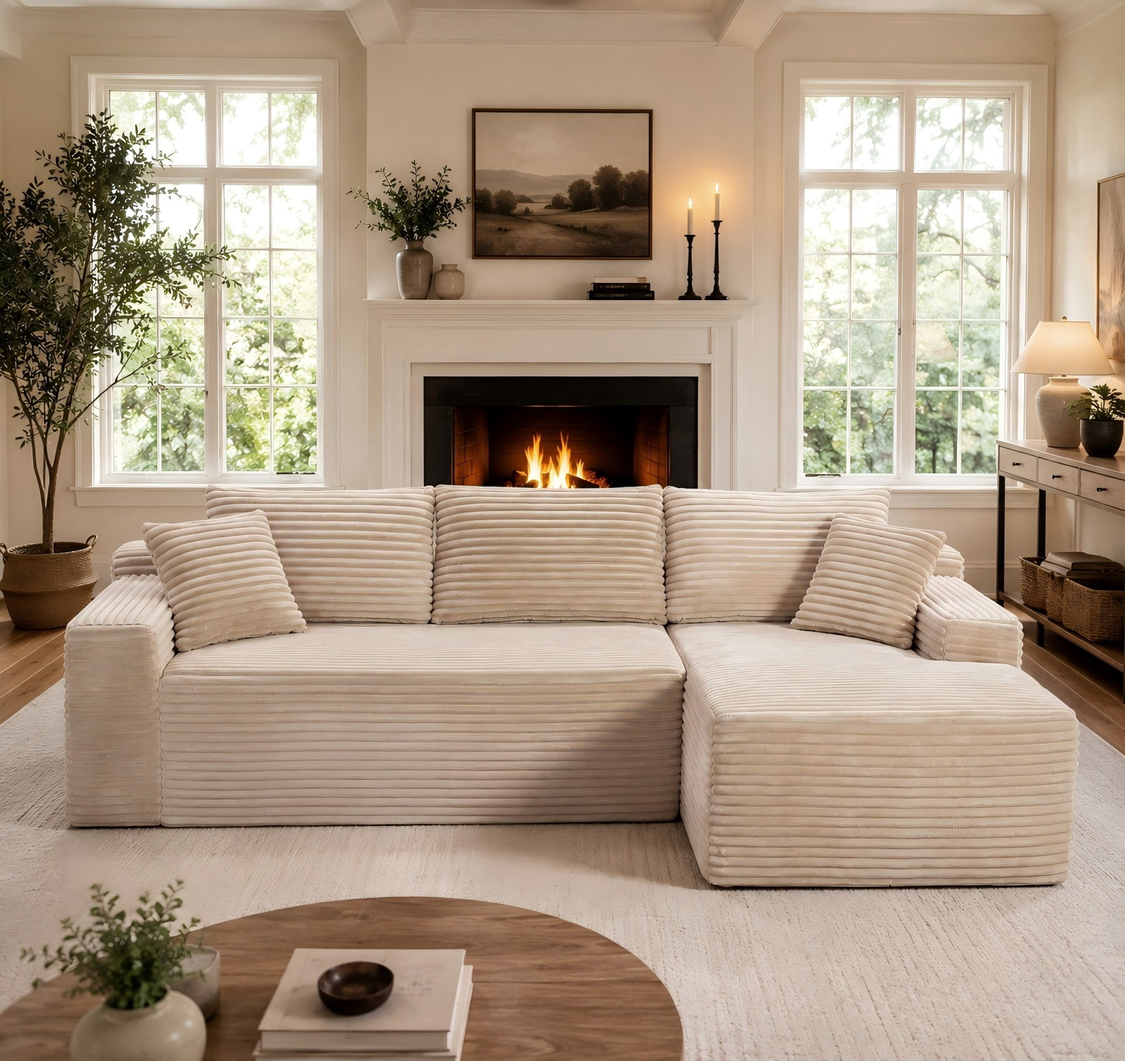 Aukfa 107" Cloud Modular Sectional Couch with Right-Facing Chaise, Corduroy Deep Seat Boneless Sofa for Living Room, Apartment, Camel