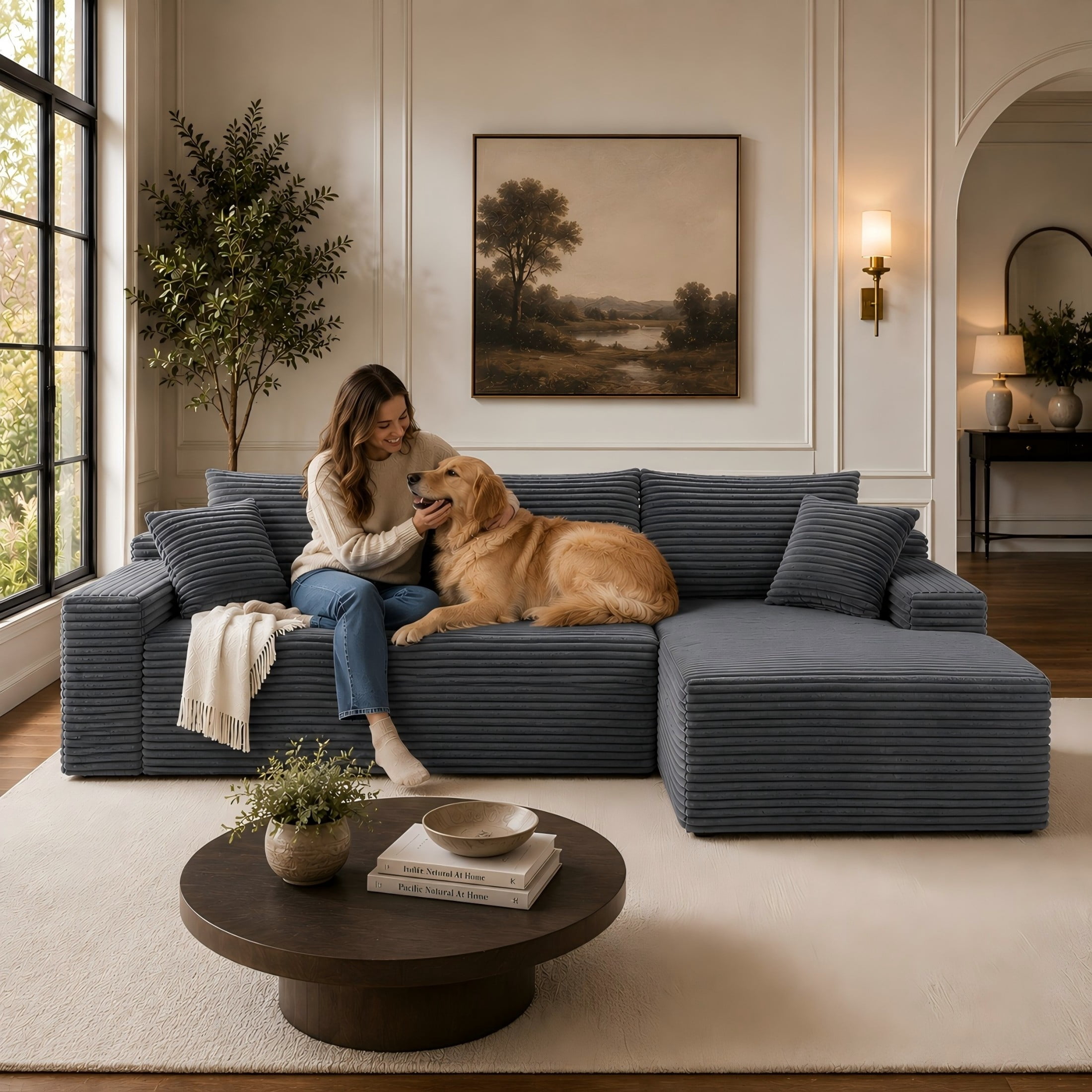 Aukfa 107" Cloud Modular Sectional Couch with Right-Facing Chaise, Corduroy Deep Seat Boneless Sofa for Living Room, Apartment, Gray