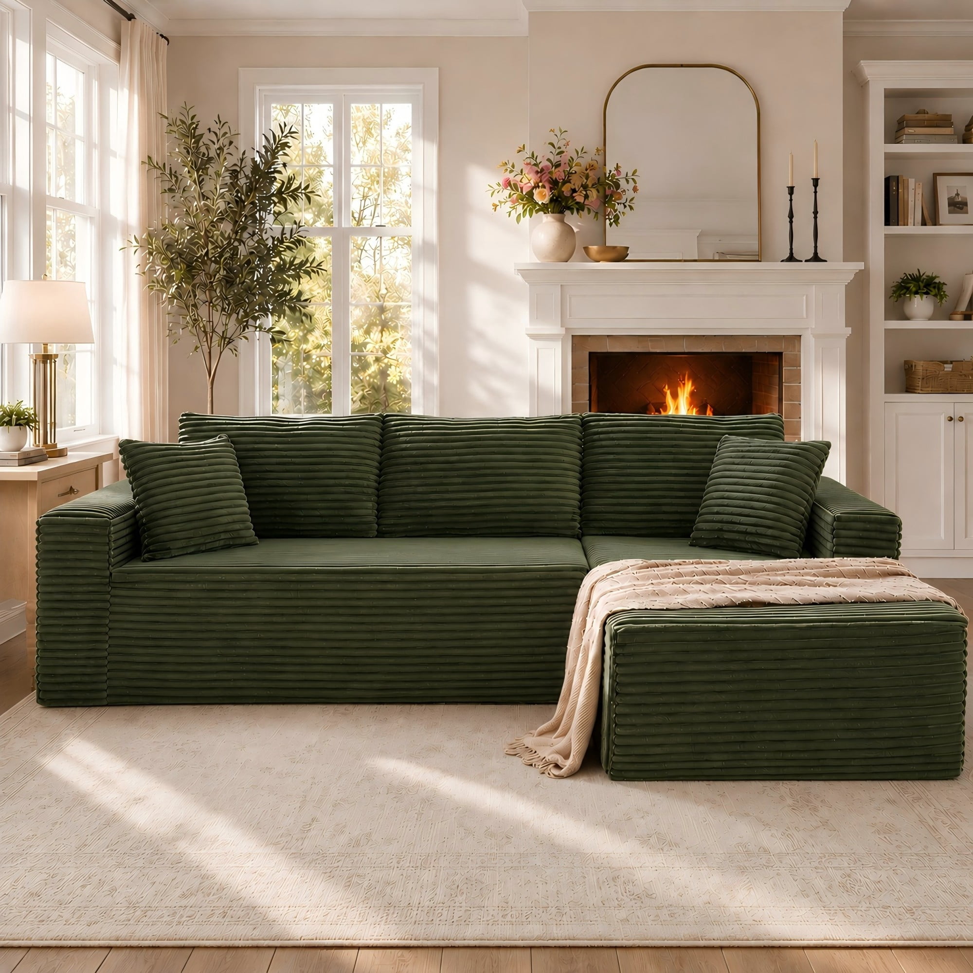 Aukfa 107" Cloud Modular Sectional Couch with Right-Facing Chaise, Corduroy Deep Seat Boneless Sofa for Living Room, Apartment, Green