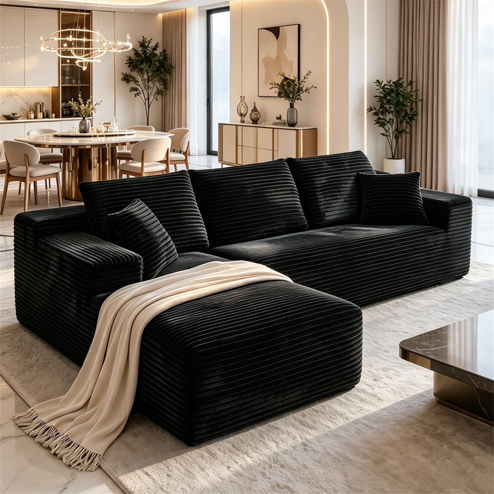 Aukfa 108" Cloud Sectional Sofa Oversized Boneless Couch Modular L-Shaped Sofa, Left Chaise Corduroy Sofa for Living Room, Black