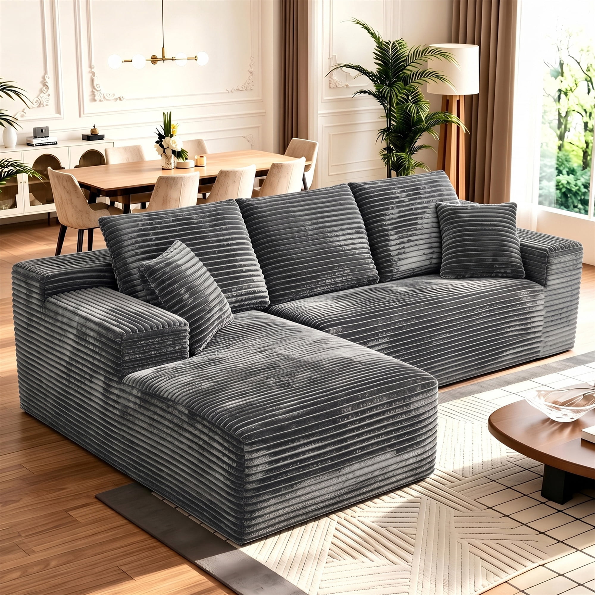 Aukfa 108" Cloud Sectional Sofa Oversized Boneless Couch Modular L-Shaped Sofa, Left Chaise Corduroy Sofa for Living Room, Dark Gray