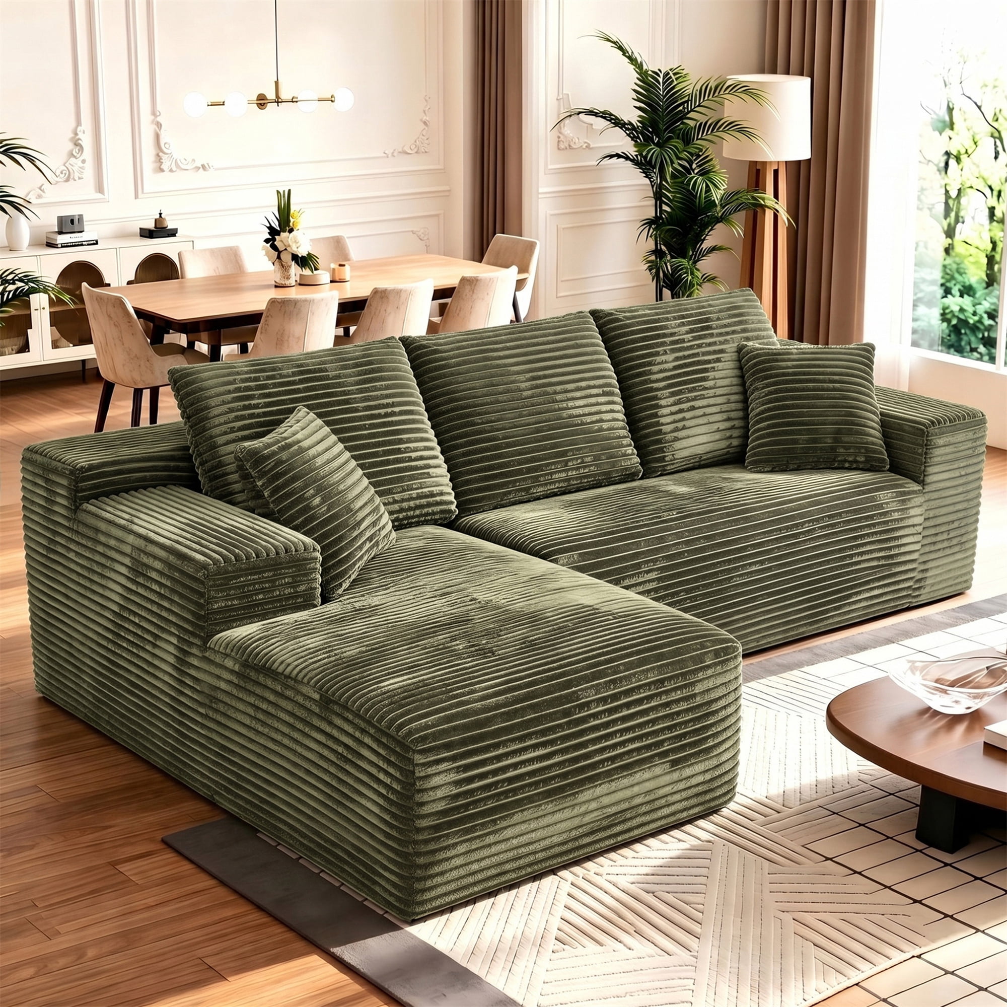 Aukfa 108" Cloud Sectional Boneless Couch Oversized Modular L-Shaped Sofa for Living Room, Left Chaise, Corduroy, Green