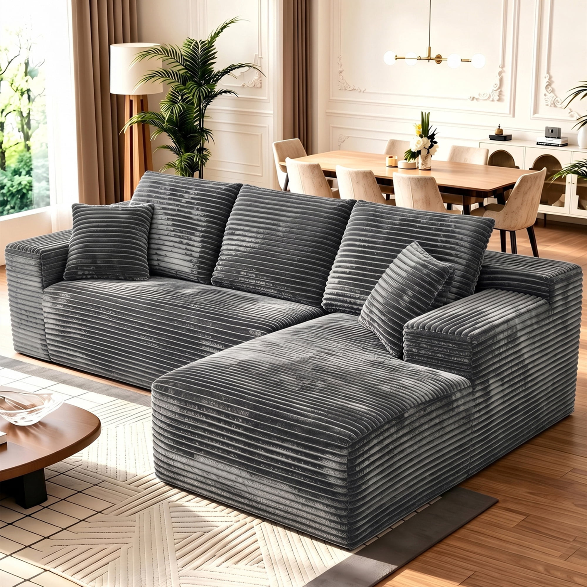 Aukfa 108" Cloud Sectional Sofa Oversized Boneless Couch Modular L-Shaped Sofa, Right Chaise Corduroy Sofa for Living Room, Dark Gray
