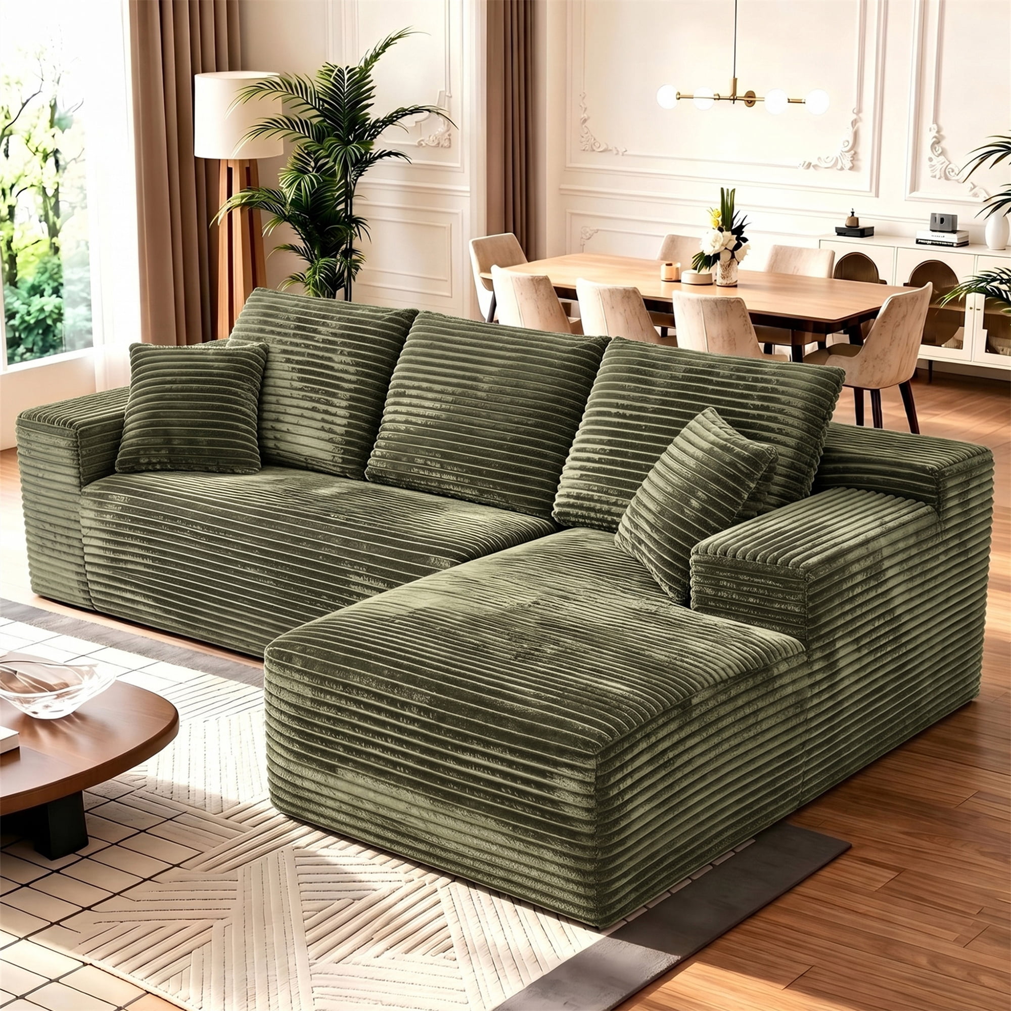 Aukfa 108" Cloud Sectional Sofa Oversized Boneless Couch Modular L-Shaped Sofa, Right Chaise Corduroy Sofa for Living Room, Green