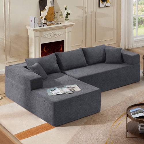 Aukfa 107" L-Shaped Sofa Couch, Pure Sponge Sleeper Sofa Bed with 5 Pillows, Assemble Free, Gray