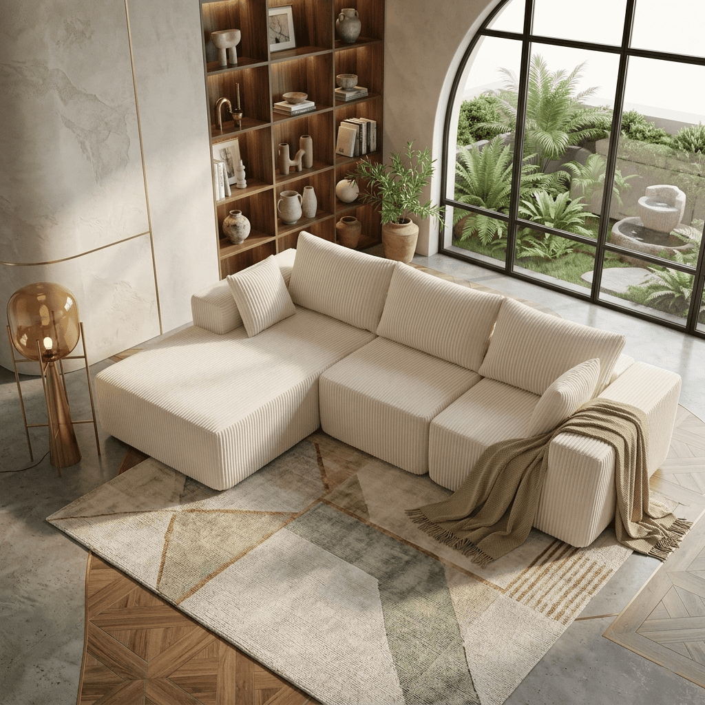 Aukfa 107" Modular Sectional Sofa, Corduroy Upholstered Deep Seat Couch with Left Chaise, Convertible Sleeper, Beige