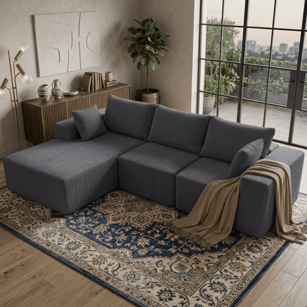 Aukfa 107" Modular Sectional Sofa, Corduroy Upholstered Deep Seat Couch with Left Chaise, Convertible Sleeper, Dark Gray