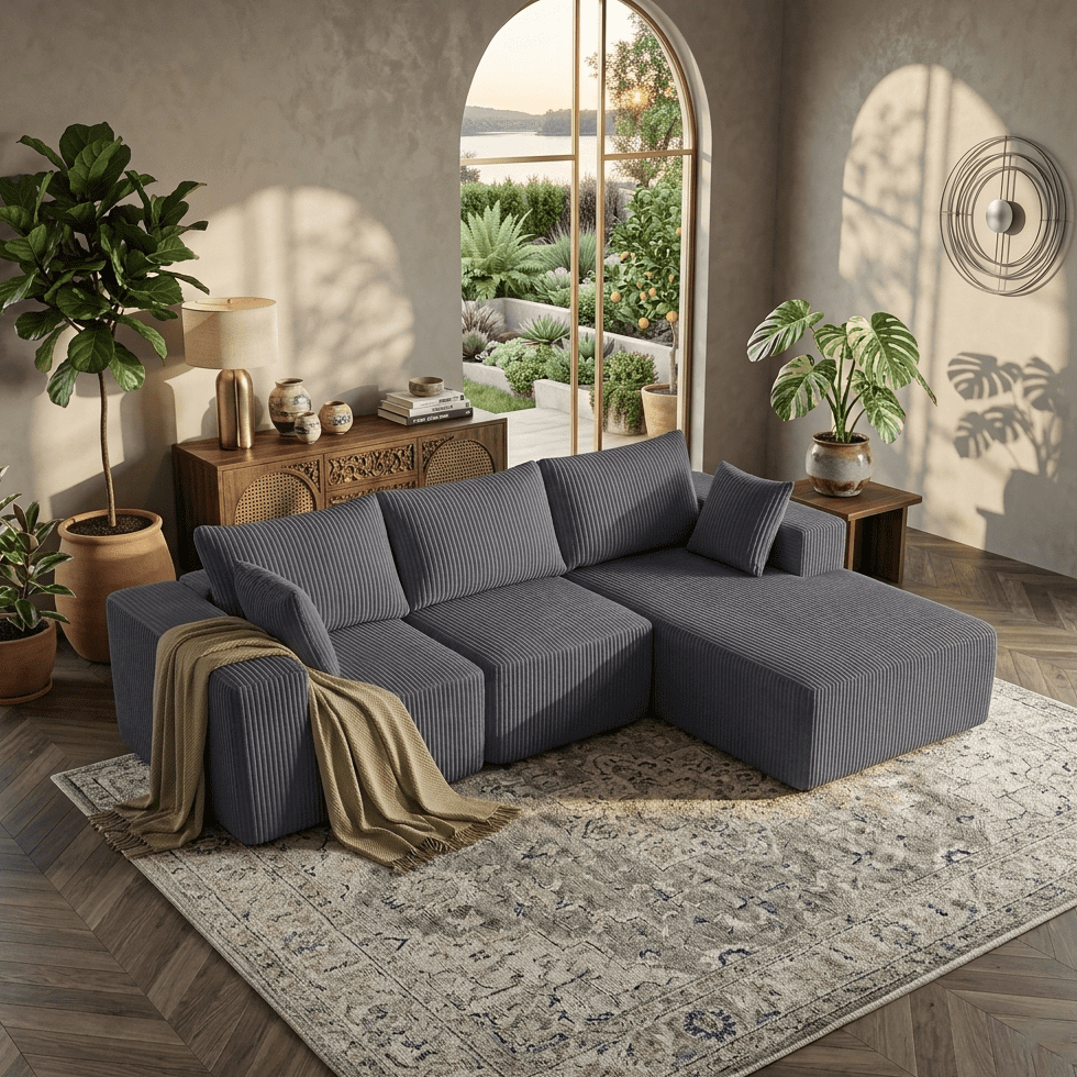 Aukfa 107" Modular Sectional Sofa, Corduroy Upholstered Deep Seat Couch with Right Chaise, Convertible Sleeper, Dark Gray