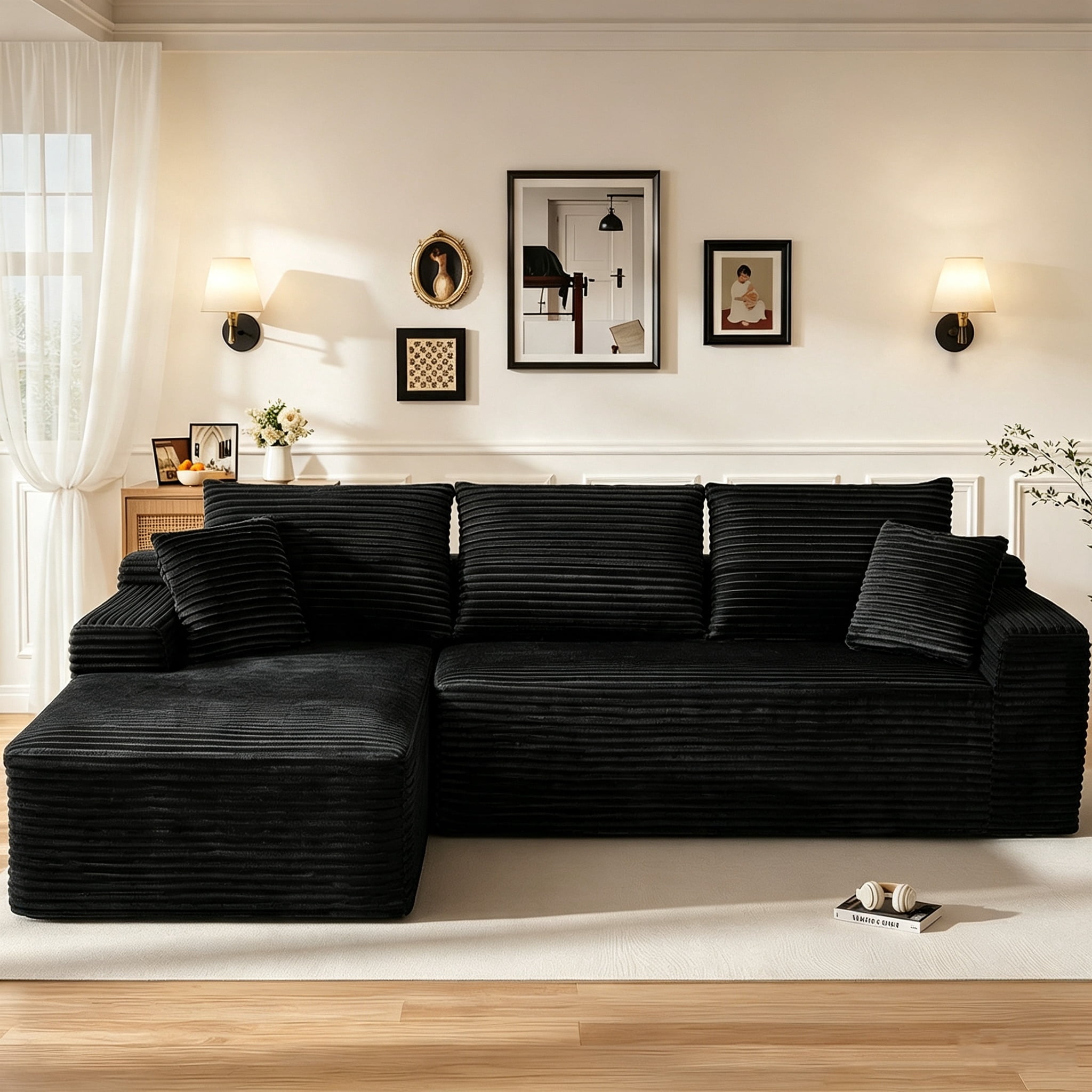 Aukfa 108" Cloud Sectional Sofa Deep Seat Boneless Couch Modular L-Shaped Couch, Left Chaise Corduroy Sofa for Living Room, Black