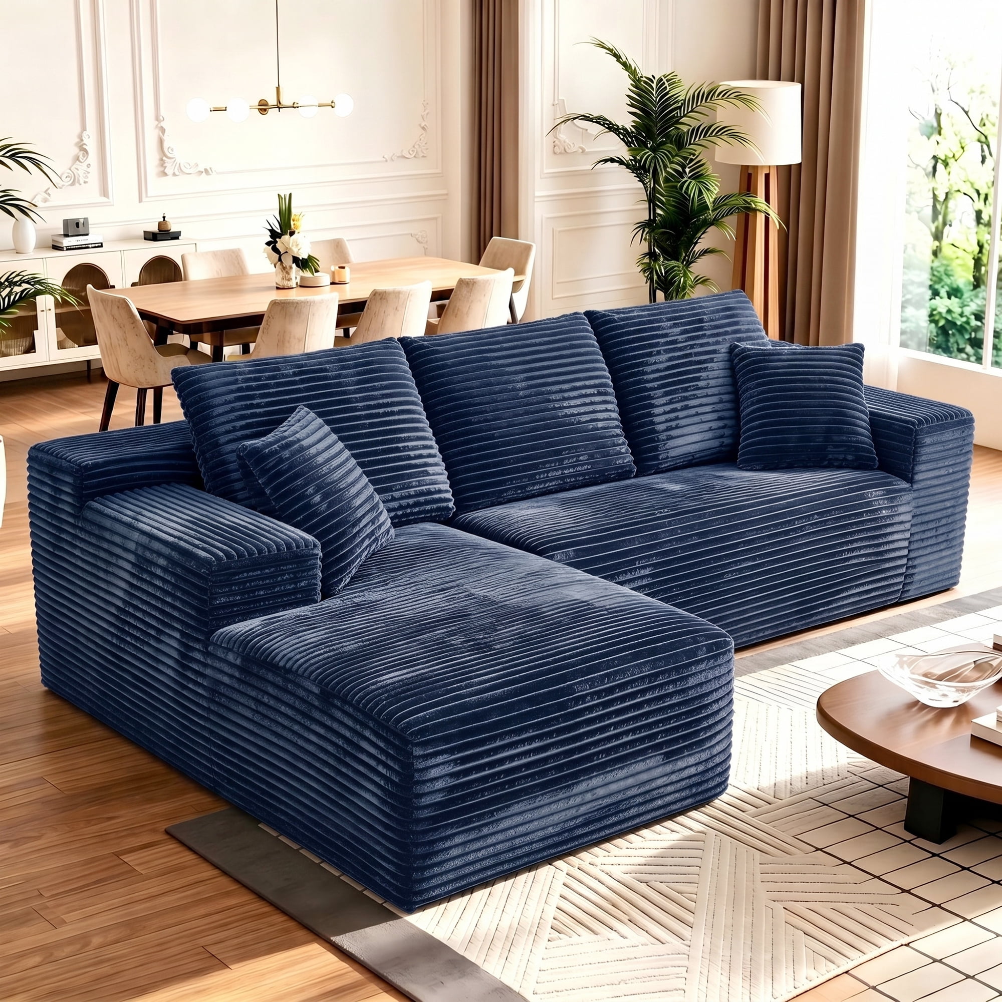 Aukfa 108" Cloud Sectional Sofa Deep Seat Boneless Couch Modular L-Shaped Couch, Left Chaise Corduroy Sofa for Living Room, Blue