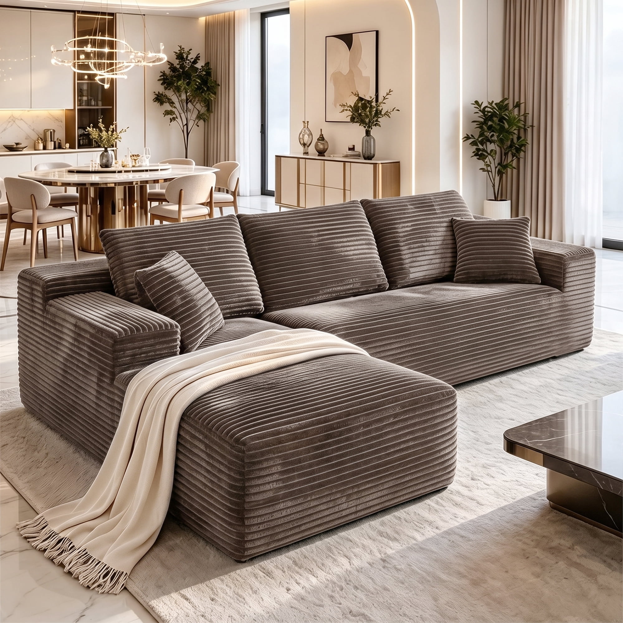 Aukfa 108" Cloud Sectional Sofa Deep Seat Boneless Couch Modular L-Shaped Couch, Left Chaise Corduroy Sofa for Living Room, Brown