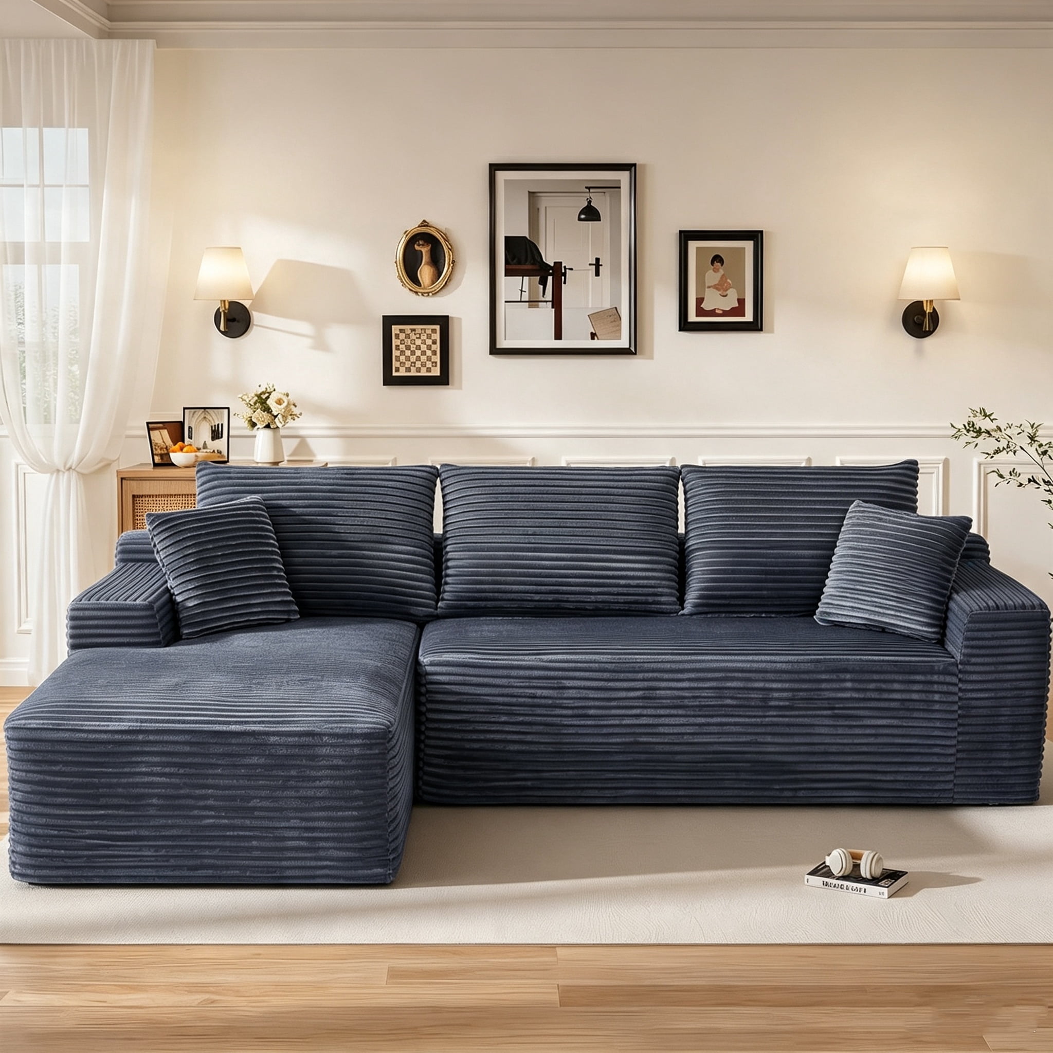 Aukfa 108" Cloud Sectional Sofa Deep Seat Boneless Couch Modular L-Shaped Couch, Left Chaise Corduroy Sofa for Living Room, Gray