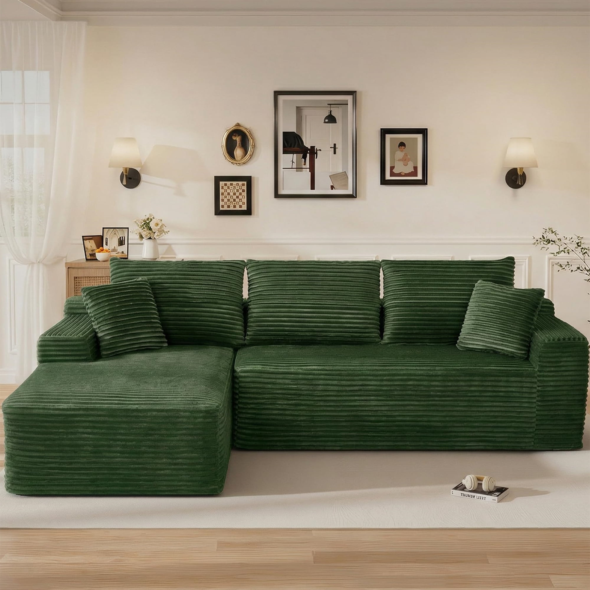 Aukfa 108" Cloud Sectional Sofa Deep Seat Boneless Couch Modular L-Shaped Couch, Left Chaise Corduroy Sofa for Living Room, Green