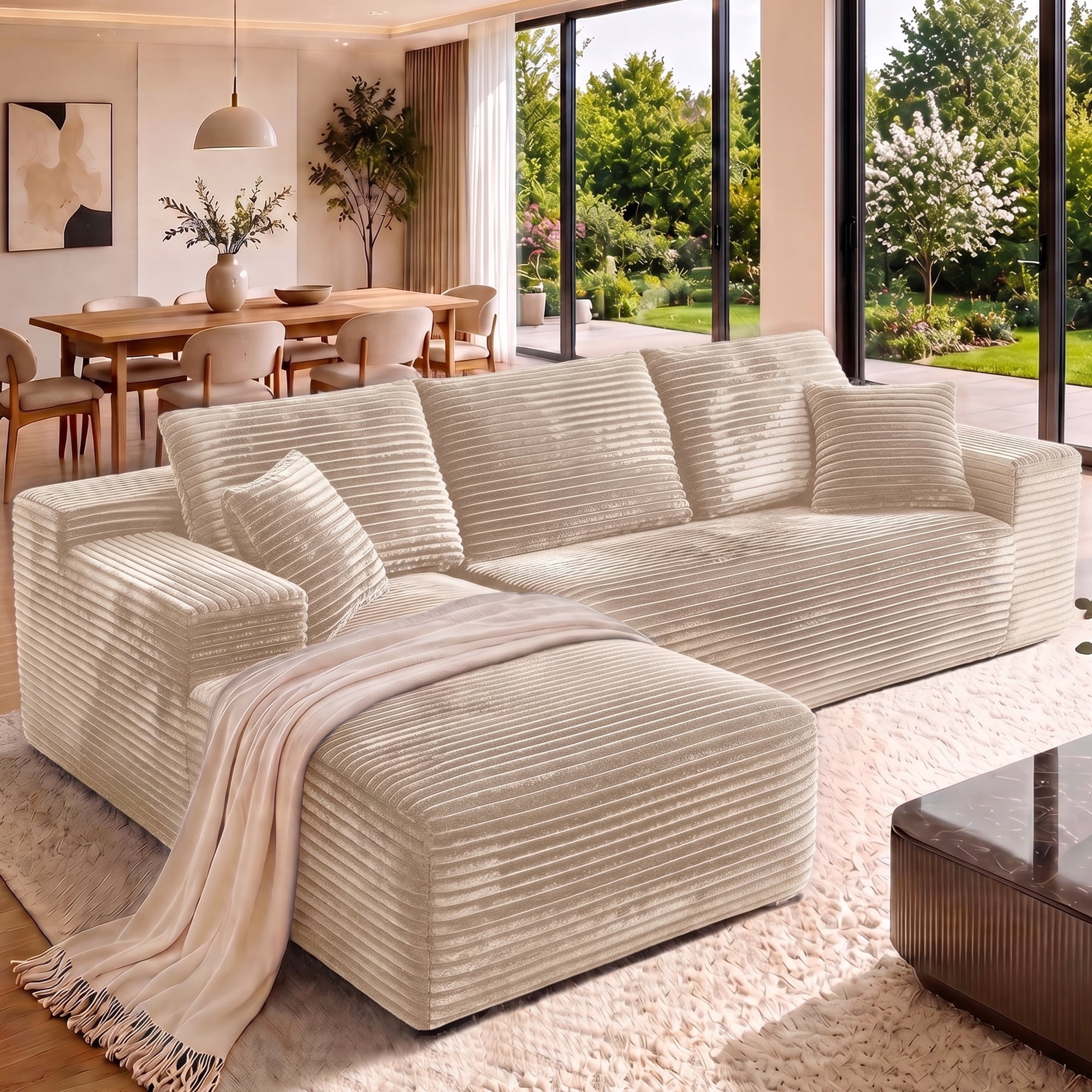 Aukfa 108" Cloud Sectional Sofa Deep Seat Boneless Couch Modular L-Shaped Couch, Left Chaise Corduroy Sofa for Living Room, Khaki