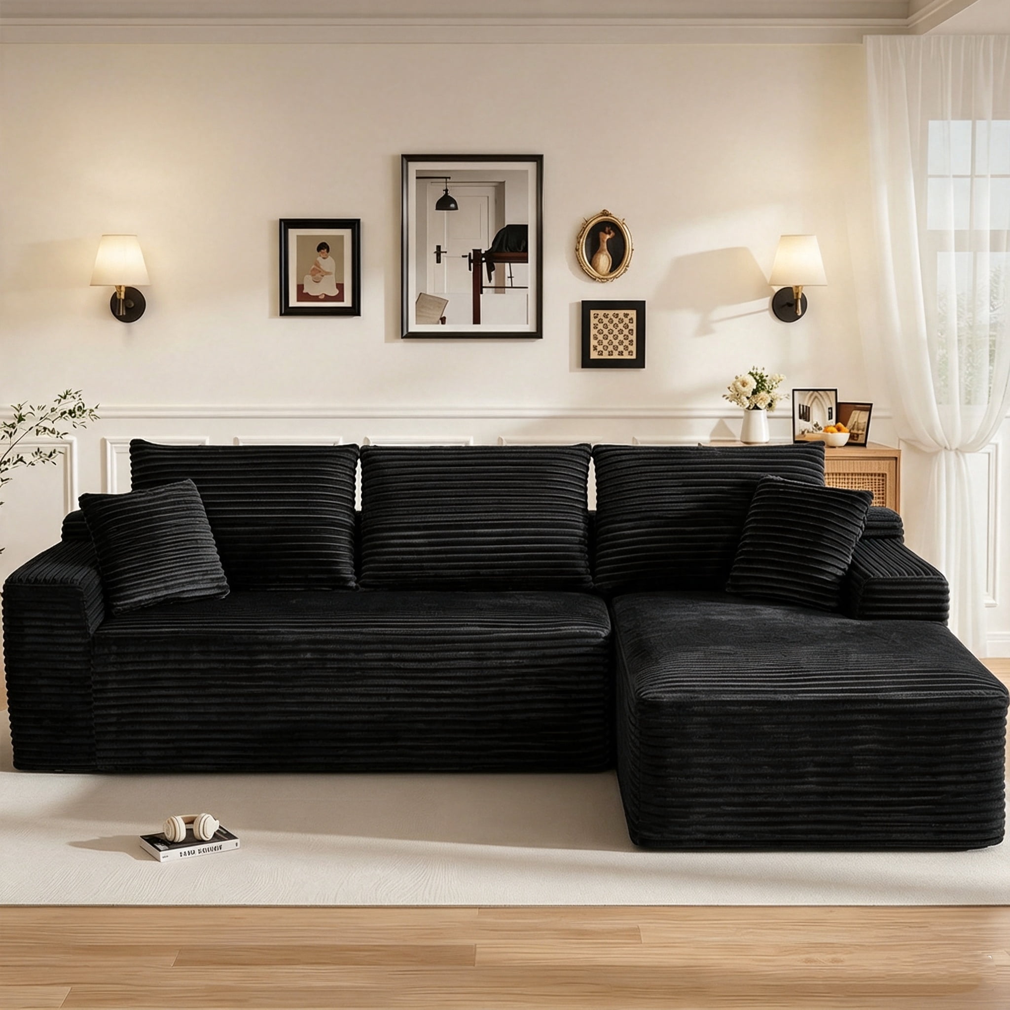 Aukfa 108" Cloud Sectional Sofa Deep Seat Boneless Couch Modular L-Shaped Couch, Rihgt Chaise Corduroy Sofa for Living Room, Black