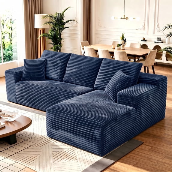 Aukfa 108" Cloud Sectional Sofa Deep Seat Boneless Couch Modular L-Shaped Couch, Rihgt Chaise Corduroy Sofa for Living Room, Blue