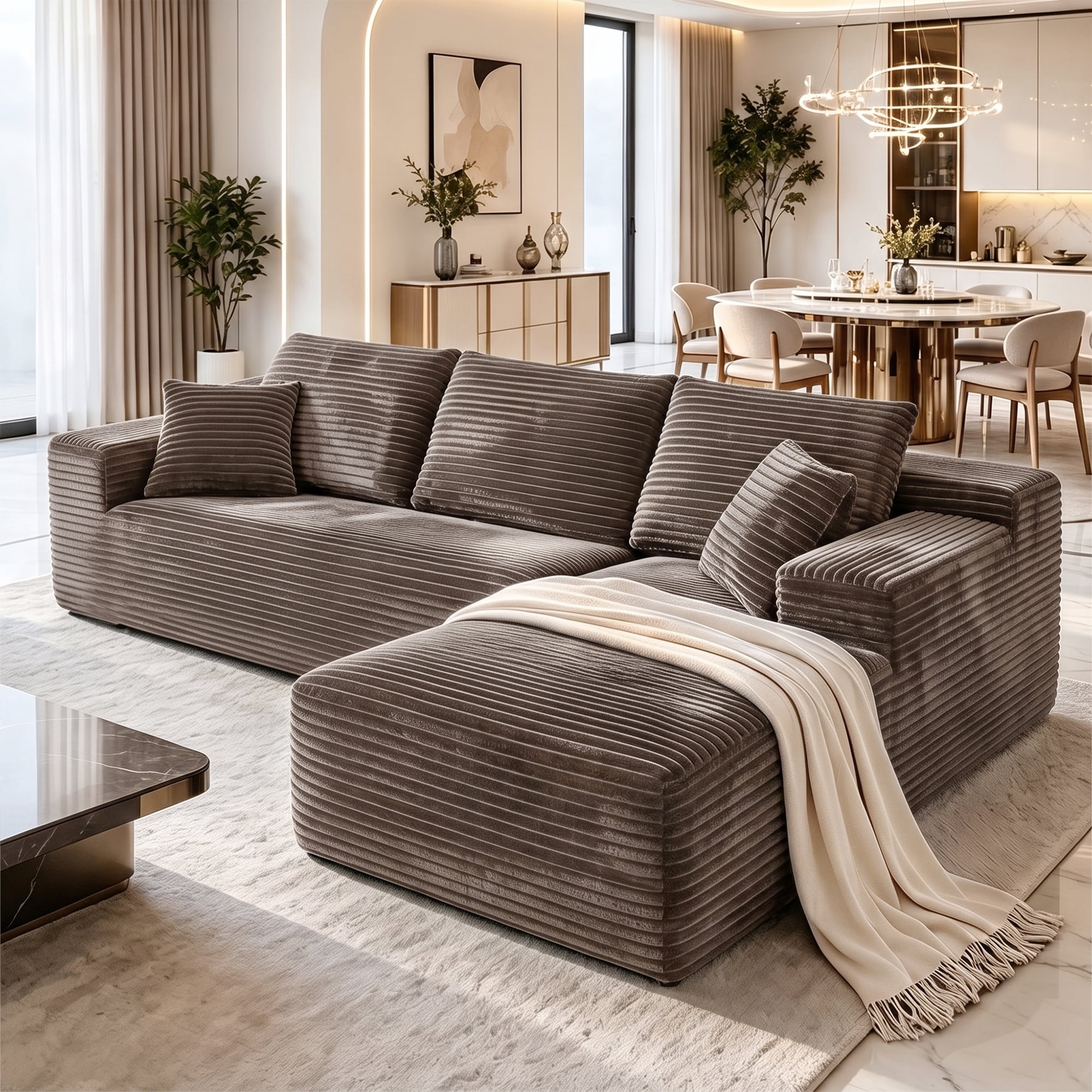 Aukfa 108" Cloud Sectional Sofa Deep Seat Boneless Couch Modular L-Shaped Couch, Rihgt Chaise Corduroy Sofa for Living Room, Brown