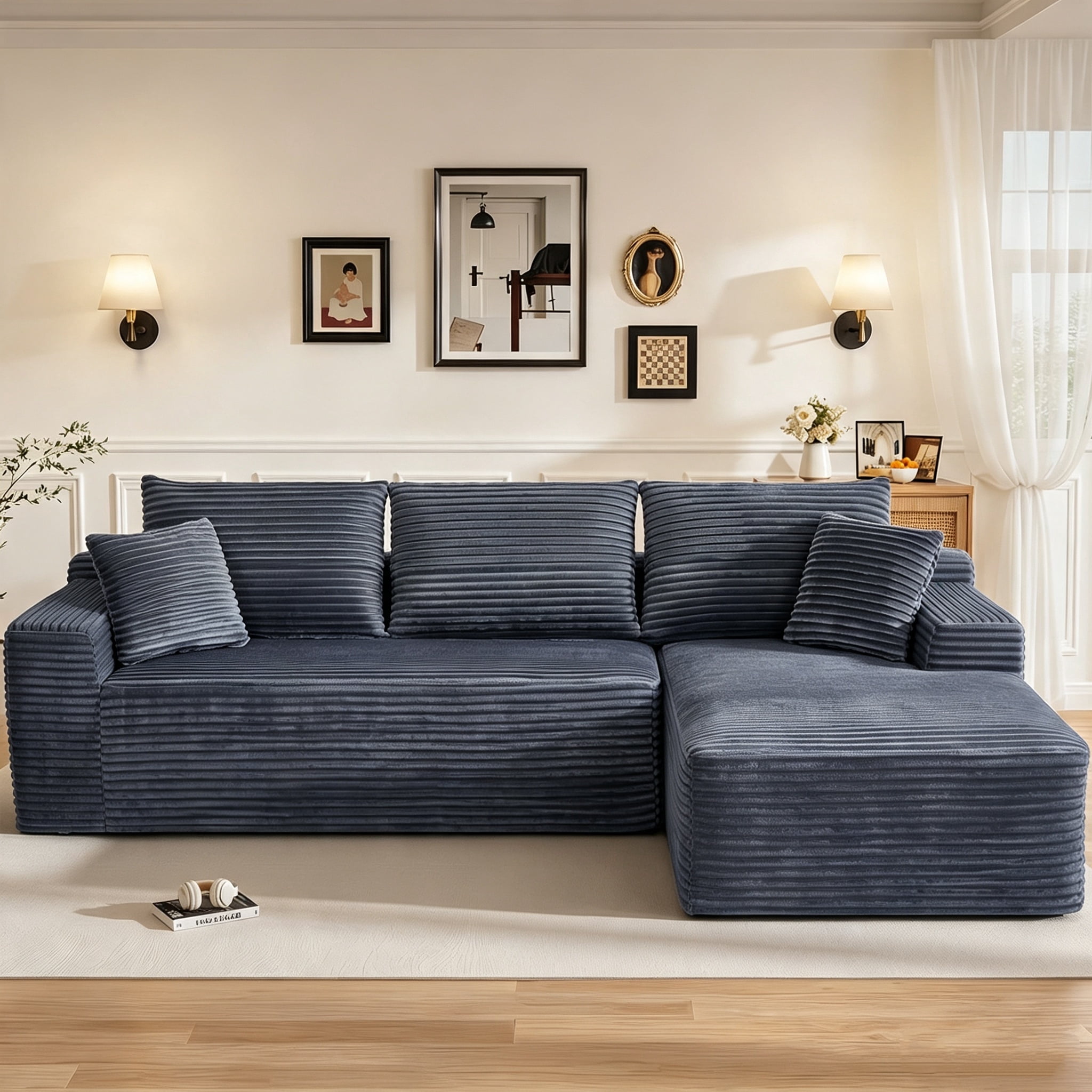 Aukfa 108" Cloud Sectional Sofa Deep Seat Boneless Couch Modular L-Shaped Couch, Rihgt Chaise Corduroy Sofa for Living Room, Gray