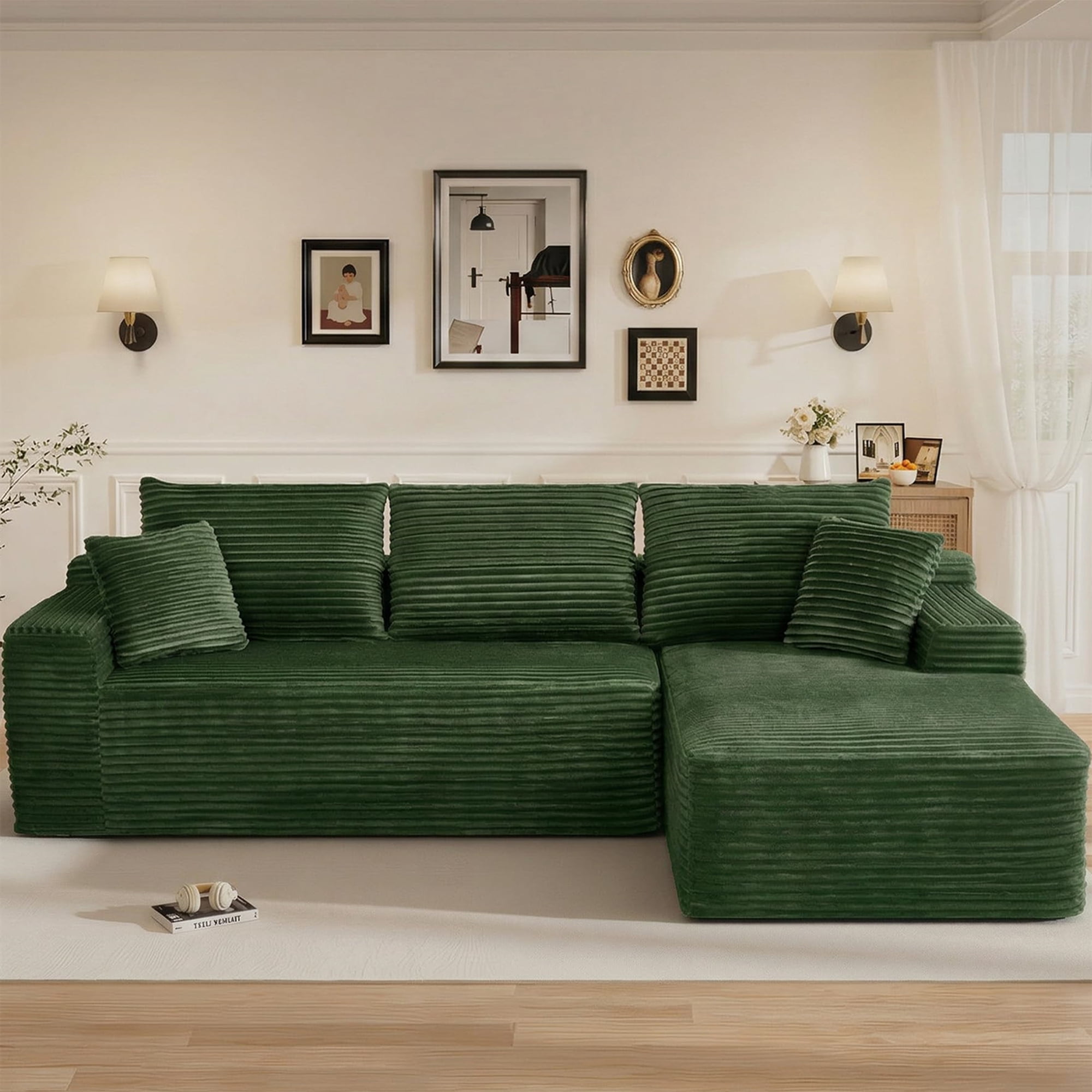 Aukfa 108" Cloud Sectional Sofa Deep Seat Boneless Couch Modular L-Shaped Couch, Rihgt Chaise Corduroy Sofa for Living Room, Green