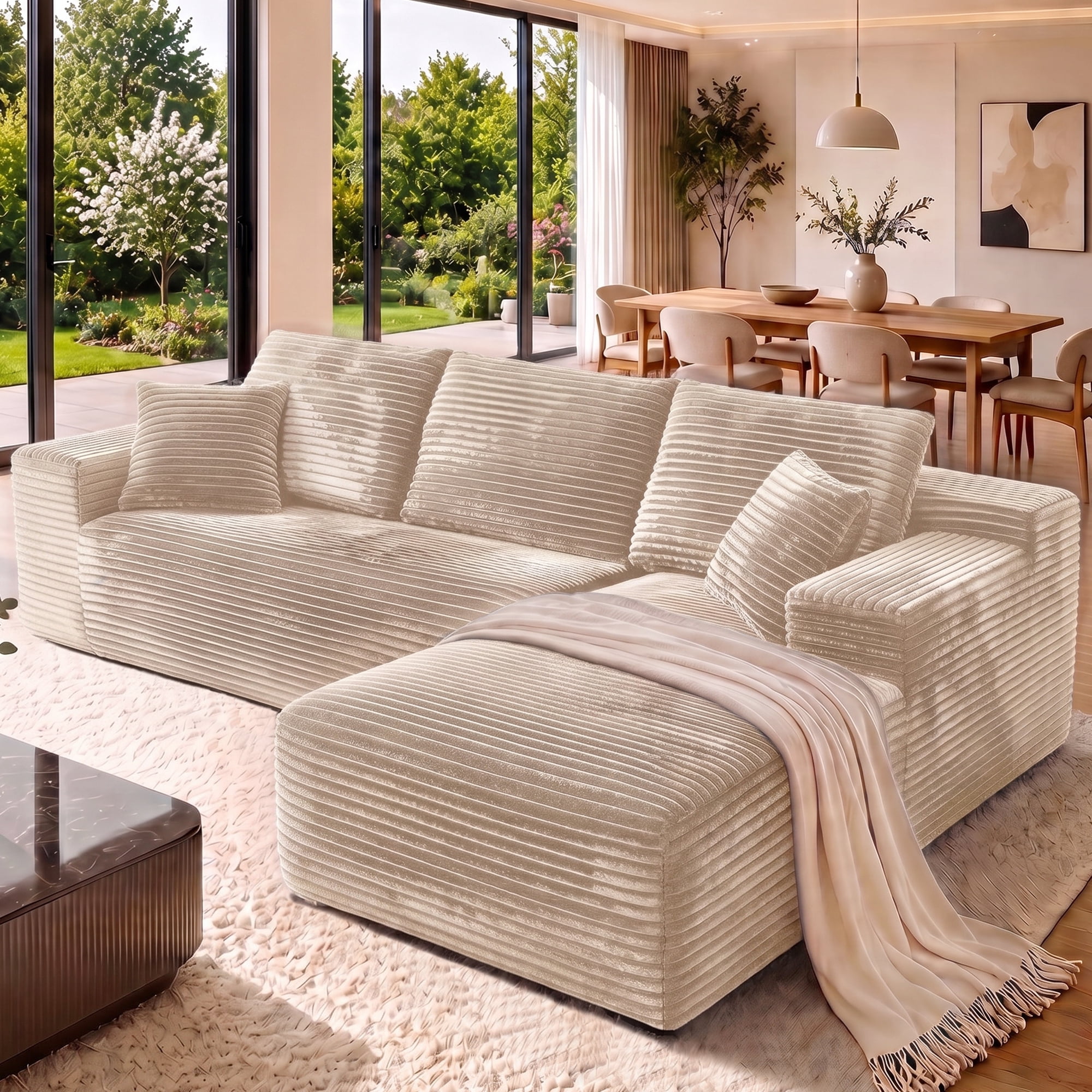 Aukfa 108" Cloud Sectional Sofa Deep Seat Boneless Couch Modular L-Shaped Couch, Rihgt Chaise Corduroy Sofa for Living Room, Khaki
