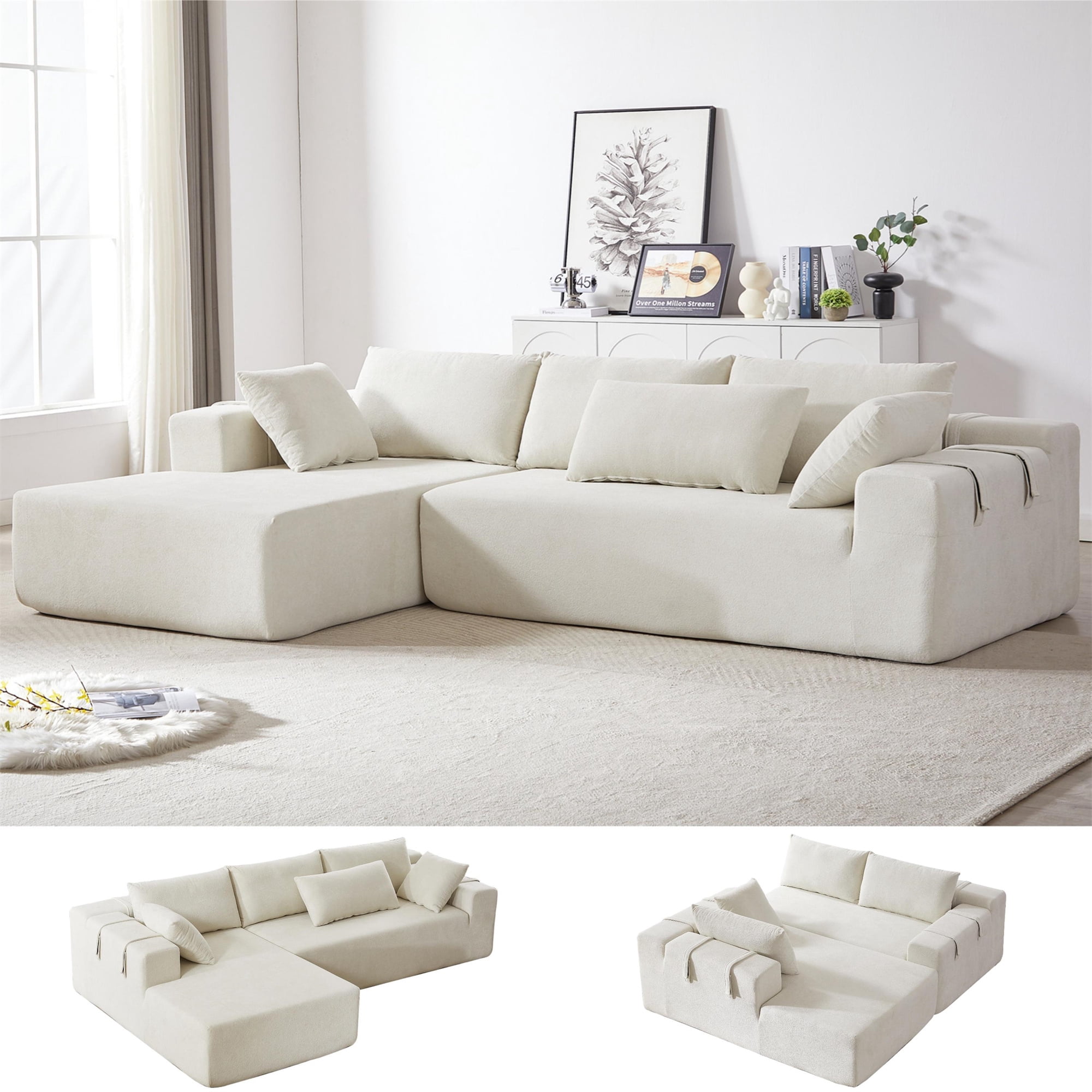Aukfa 108" Modular Sectional Couch, Deep Seat Cloud Sofa with 6 Pillows, No Assembly, Left Chaise, Beige