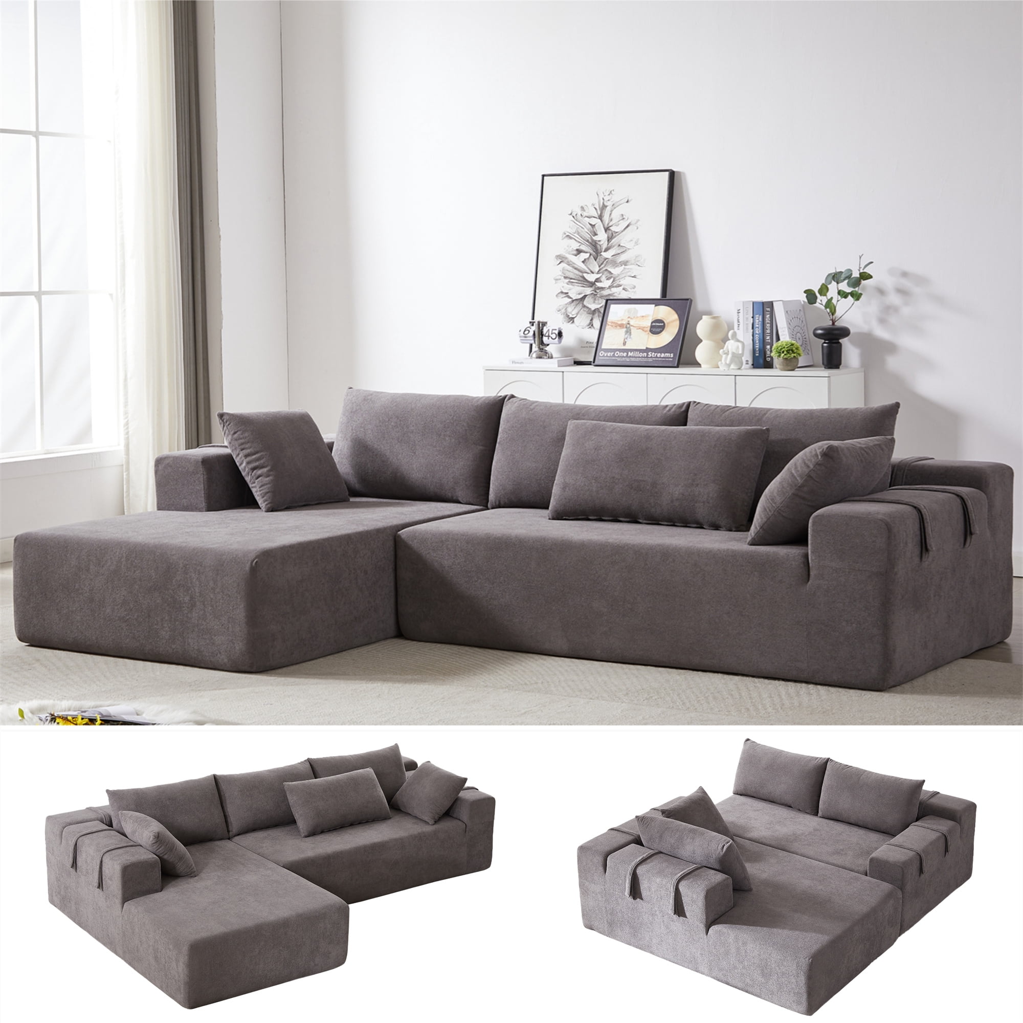 Aukfa 108" Modular Sectional Couch, Deep Seat Cloud Sofa with 6 Pillows, No Assembly, Left Chaise, Gray