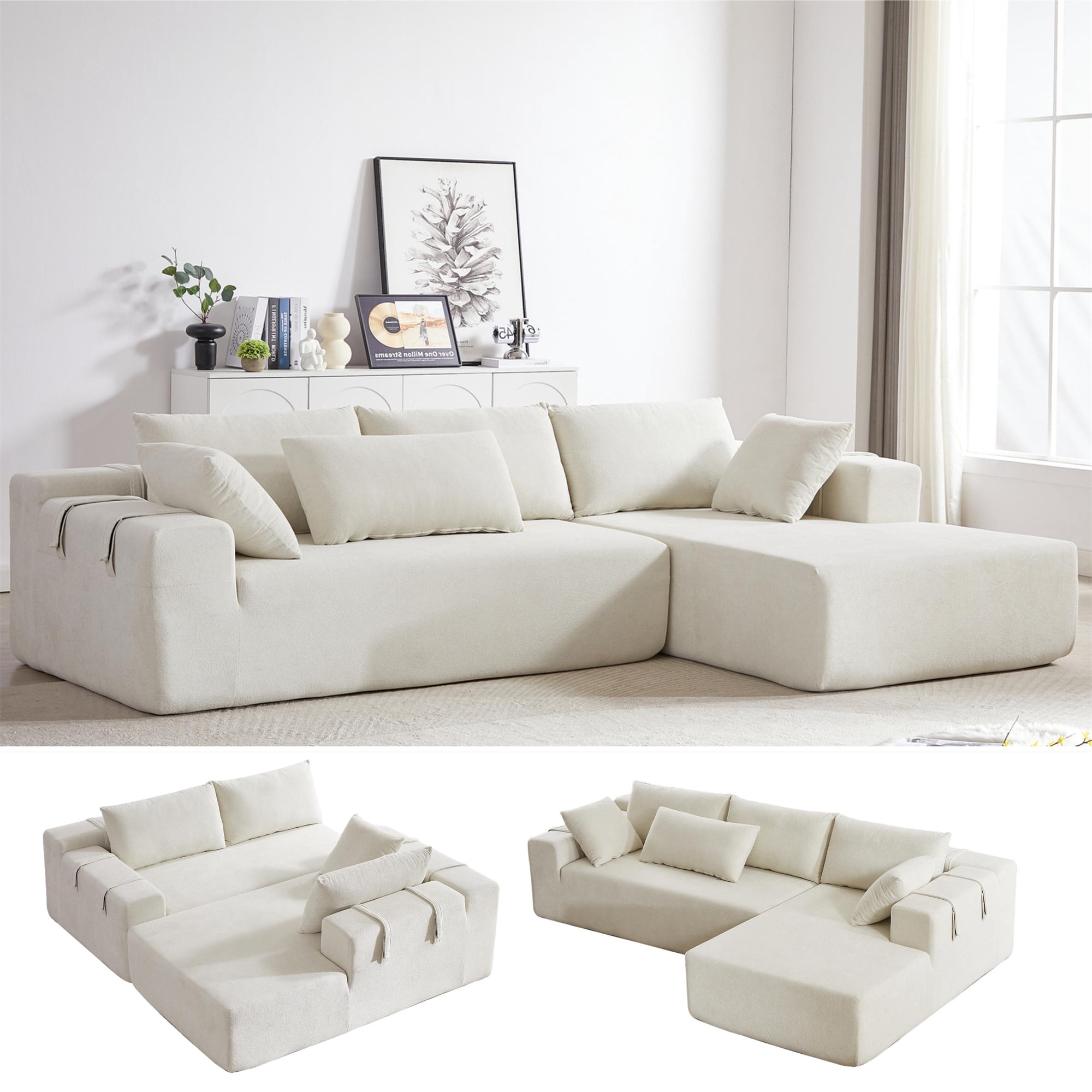 Aukfa 108" Modular Sectional Couch, Deep Seat Cloud Sofa with 6 Pillows, No Assembly, Right Chaise, Beige