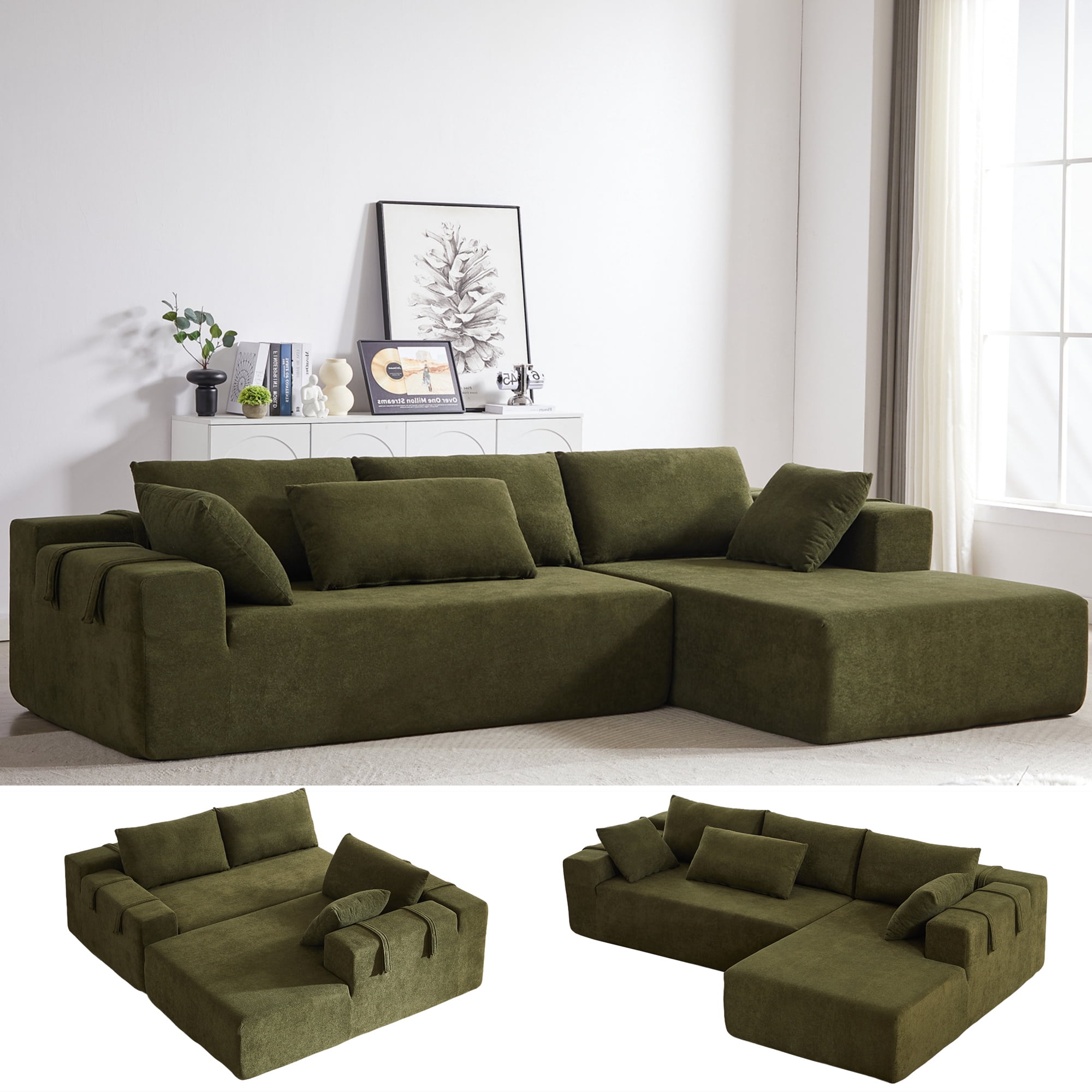 Aukfa 108" Modular Sectional Couch, Deep Seat Cloud Sofa with 6 Pillows, No Assembly, Right Chaise, Green