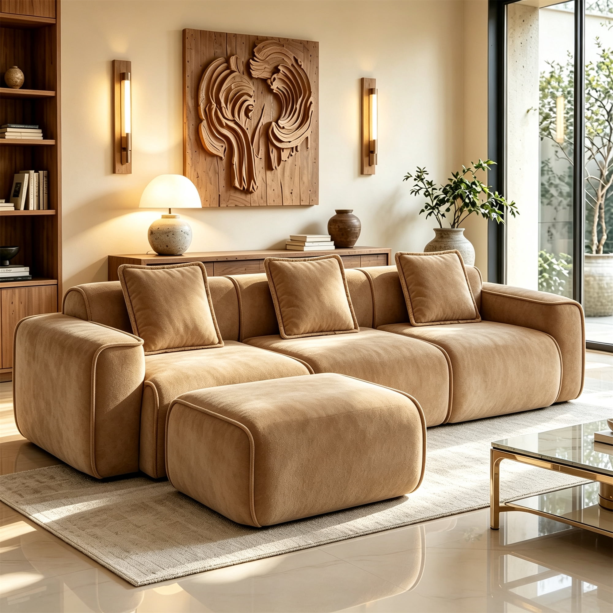 Aukfa 109" Cloud Sectional Sofa Oversized Boneless Couch Modular L-Shaped Sofa with Ottoman for Living Room, Velvet, Brown