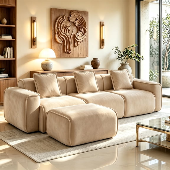 Aukfa 109" Cloud Sectional Sofa Oversized Boneless Couch Modular L-Shaped Sofa with Ottoman for Living Room, Velvet, Camel
