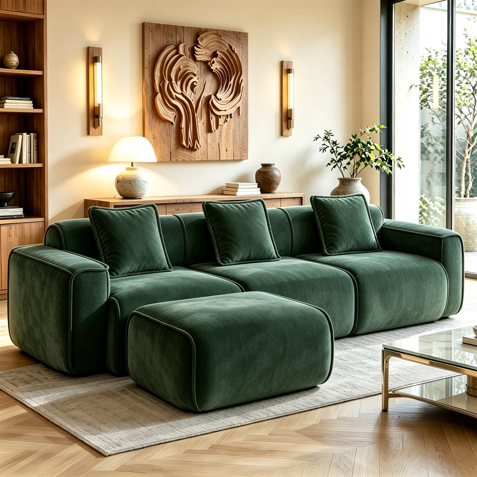 Aukfa 109" Cloud Sectional Sofa Oversized Boneless Couch Modular L-Shaped Sofa with Ottoman for Living Room, Velvet, Green