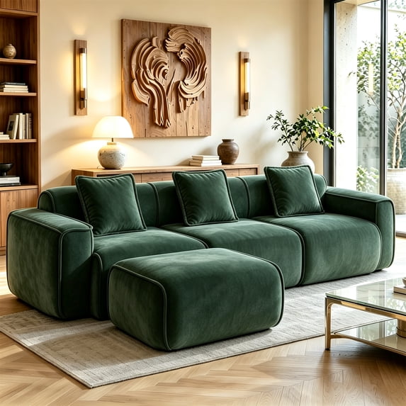 Aukfa 109" Cloud Sectional Sofa Oversized Boneless Couch Modular L-Shaped Sofa with Ottoman for Living Room, Velvet, Green