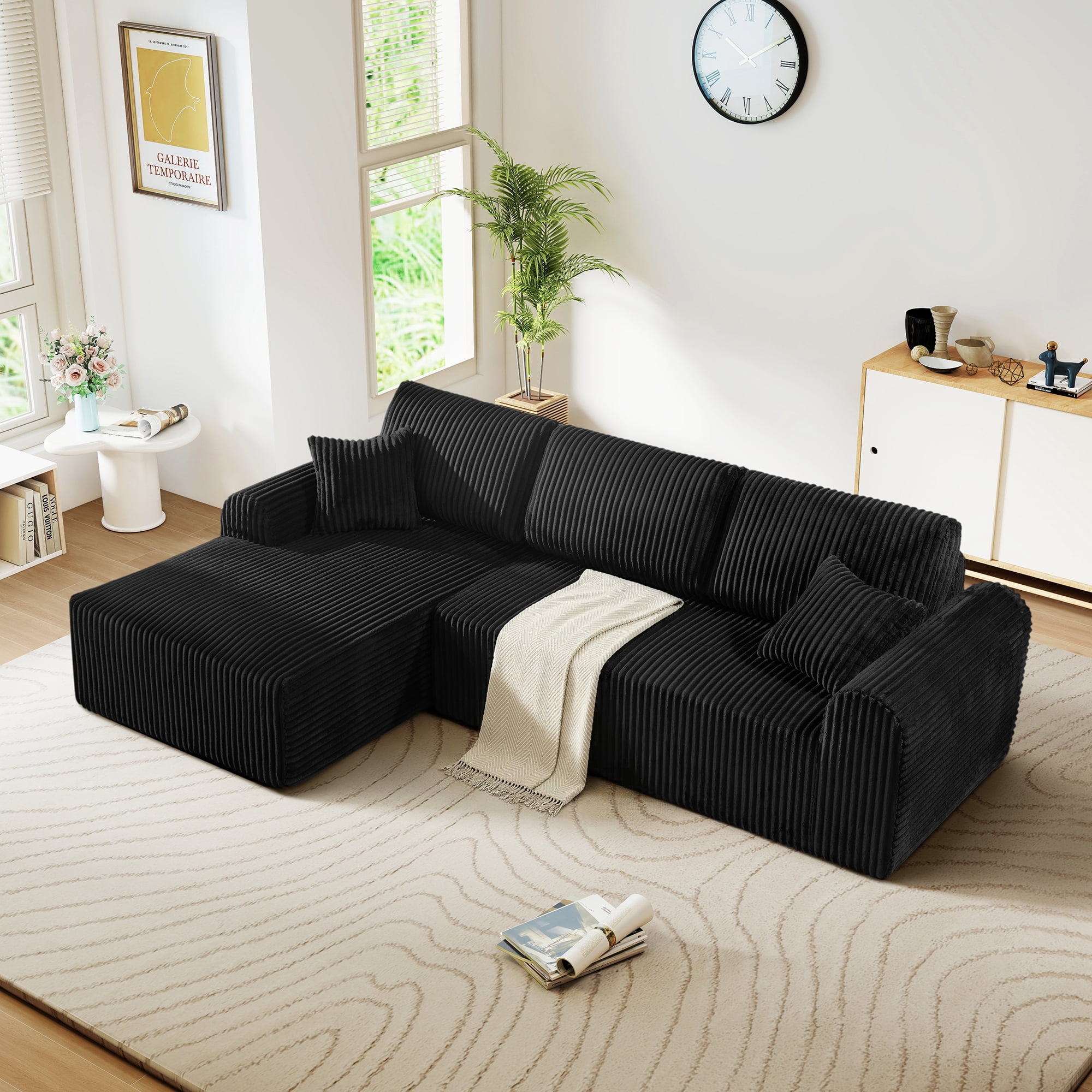 Aukfa 109" Modular Cloud Sectional Sofa with L-Shape Chaise, Corduroy Upholstered Deep Seat Couch, Left Facing Chaise, No Assembly Boneless Sofa for Living Room/Bedroom/Apartment, Black