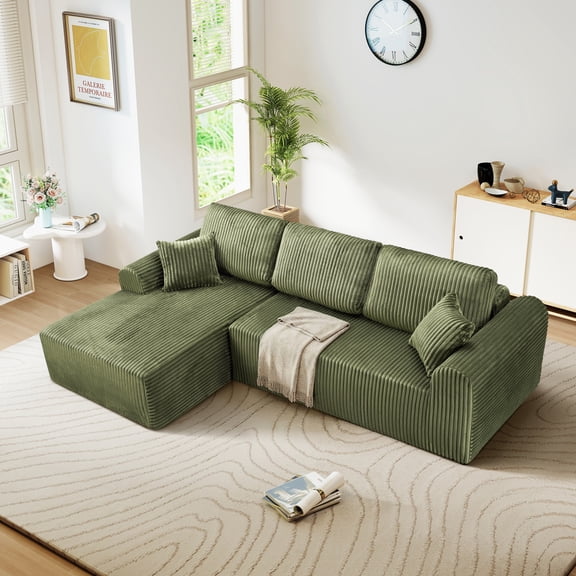 Aukfa 109" Modular Cloud Sectional Sofa with L-Shape Chaise, Corduroy Upholstered Deep Seat Couch, Left Facing Chaise, No Assembly Boneless Sofa for Living Room/Bedroom/Apartment, Green