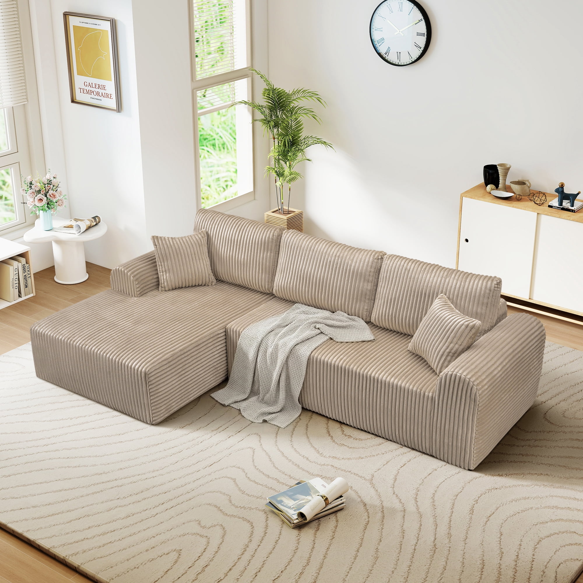 Aukfa 109" Modular Cloud Sectional Sofa with L-Shape Chaise, Corduroy Upholstered Deep Seat Couch, Left Facing Chaise, No Assembly Boneless Sofa for Living Room/Bedroom/Apartment, Camel