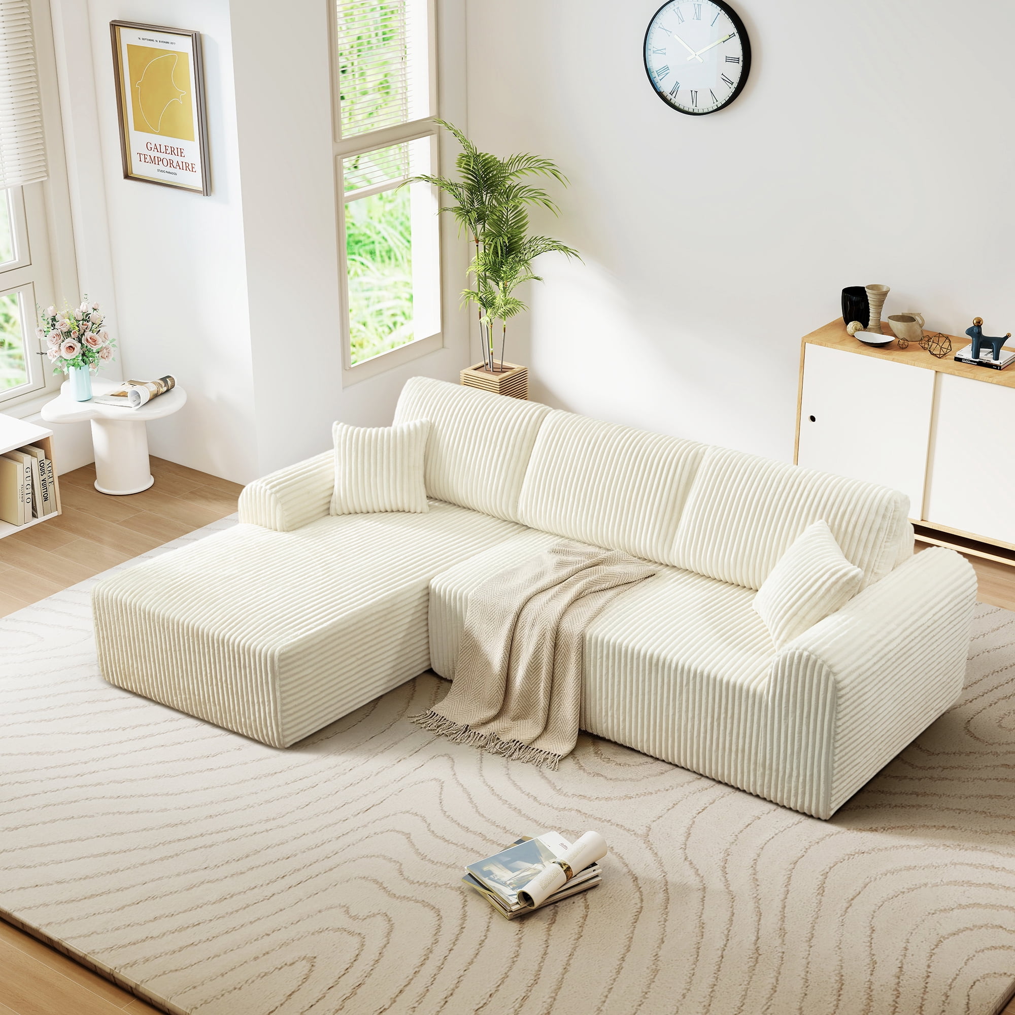Aukfa 109" Modular Cloud Sectional Sofa with L-Shape Chaise, Corduroy Upholstered Deep Seat Couch, Left Facing Chaise, No Assembly Boneless Sofa for Living Room/Bedroom/Apartment, White